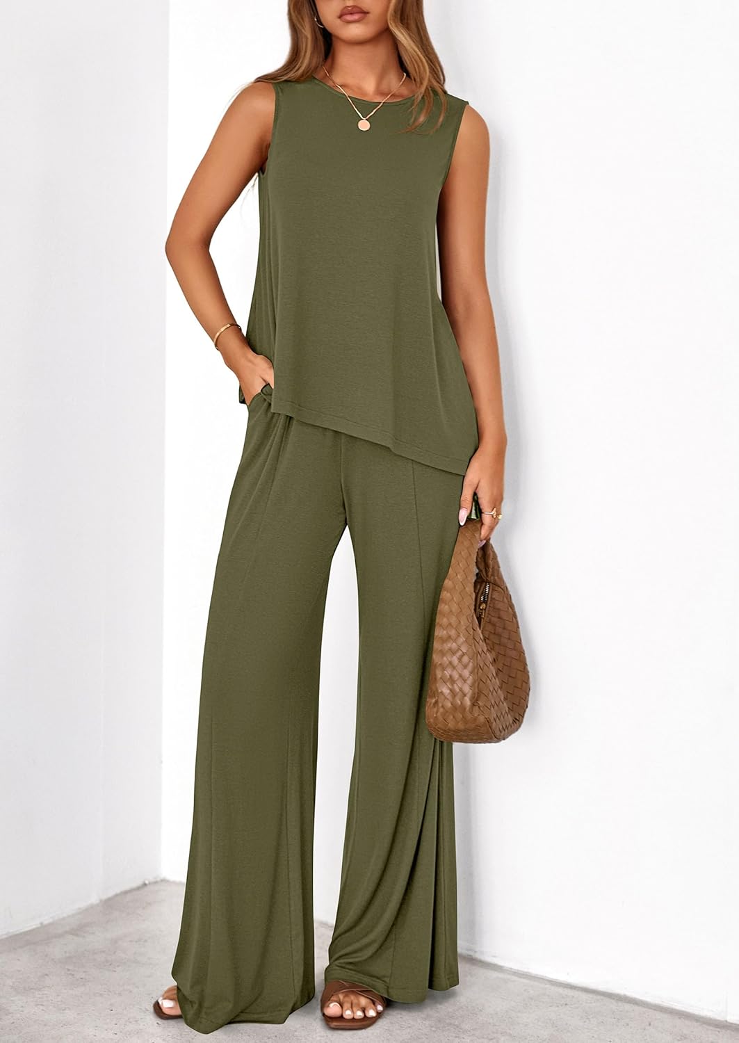 PRETTYGARDEN Women's 2026 Two Piece Matching Lounge Sets Asymmetrical Split Tank Tops Wide Leg Pants Summer Outfits Tracksuit - Image 2