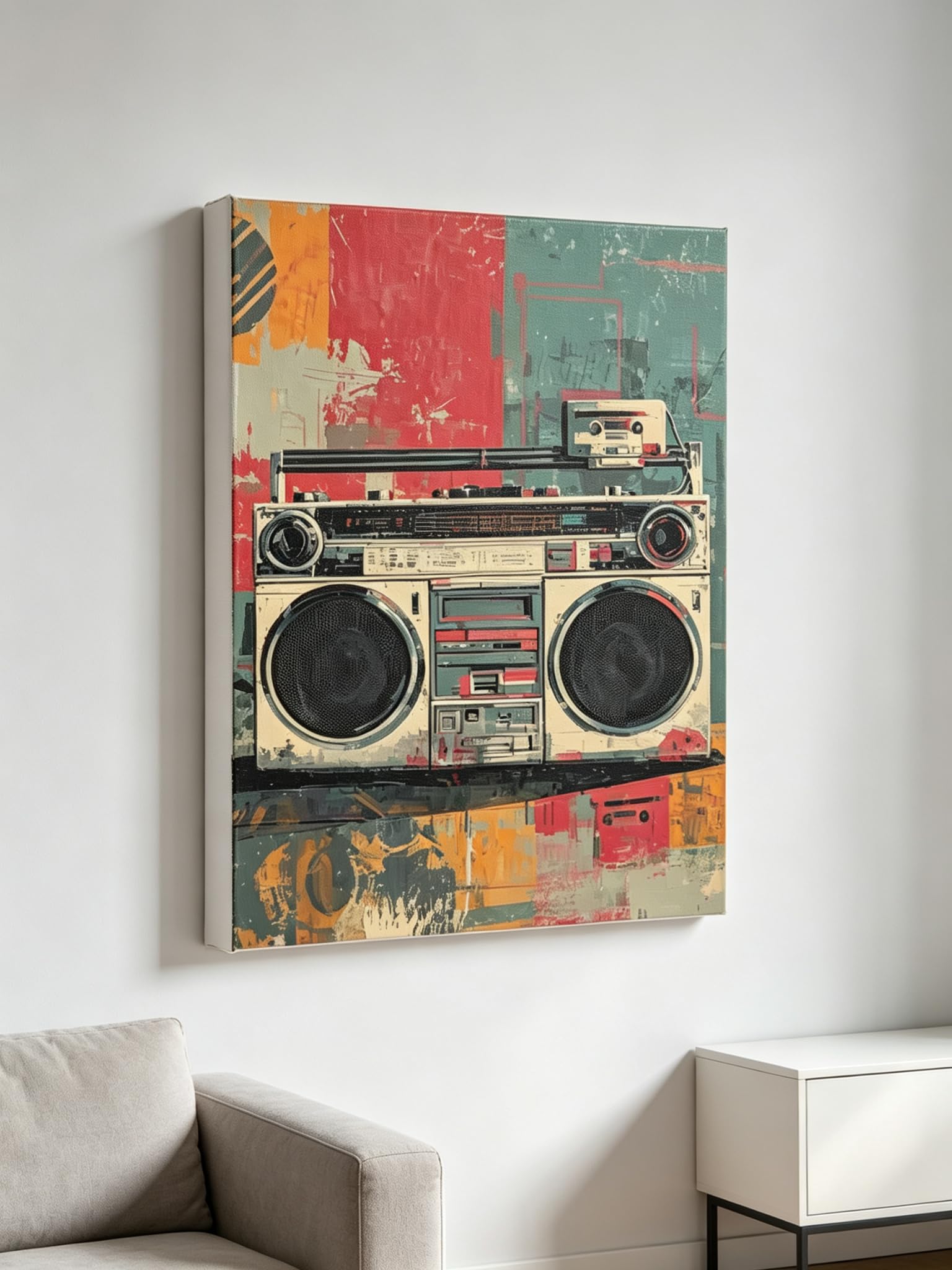 ShuqXsio Quadro da parete con stereo portatile retrò, poster musicale vintage, decorazione hip hop urbana per casa e ufficio (70x100 cm/cornice interna)