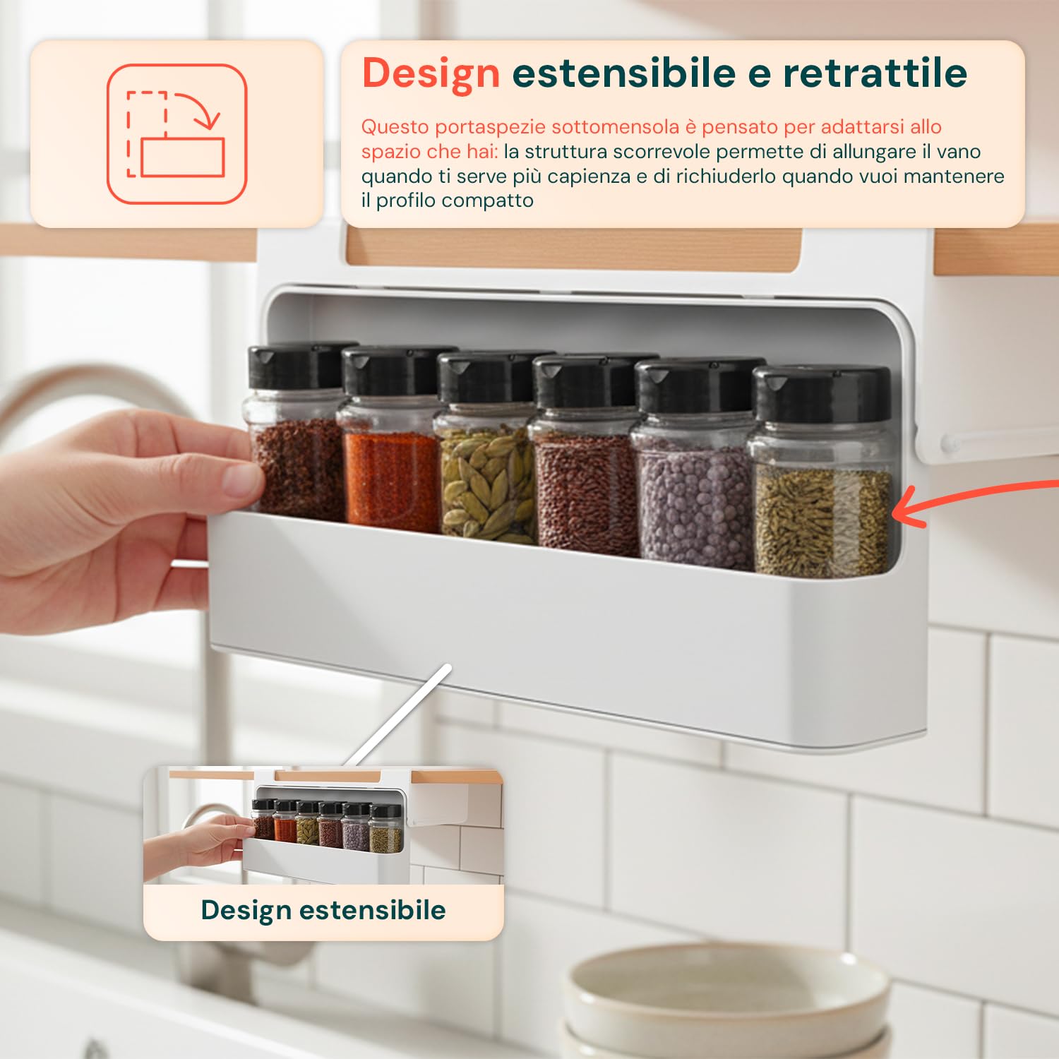 Avilia – Set 2 Porta Spezie per Cucina Estensibili con 6 Barattoli Vetro con Coperchio Ermetico, Organizer Salvaspazio Regolabile per Pensili e Piani, Facile da Montare e Pulire
