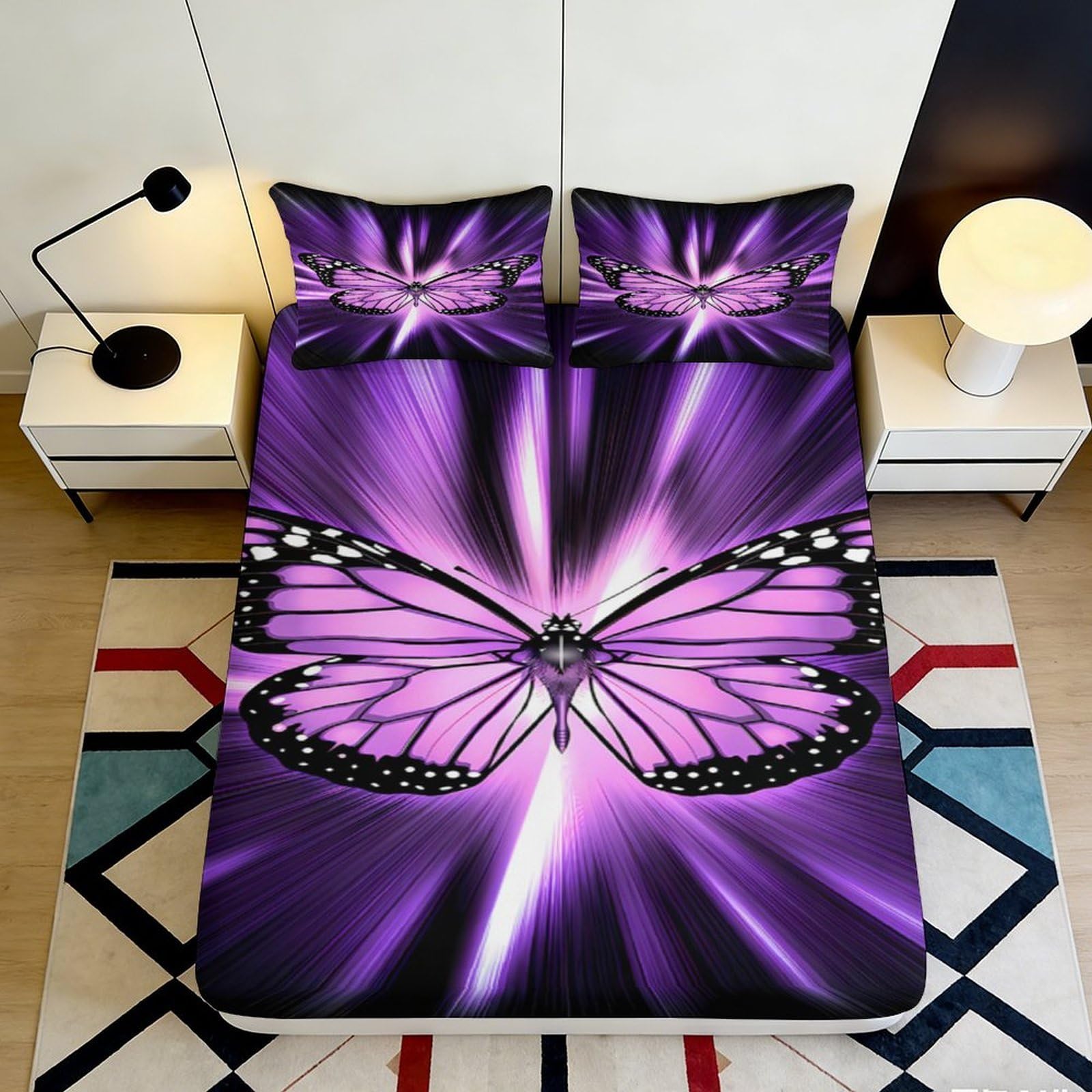 3D Printed purple butterfly Fitted Sheet, Microfiber soft touch, apartment bedding, stylish room accent, dust resistant, easy care, bedroom decor, guest room use 90x200x25cm