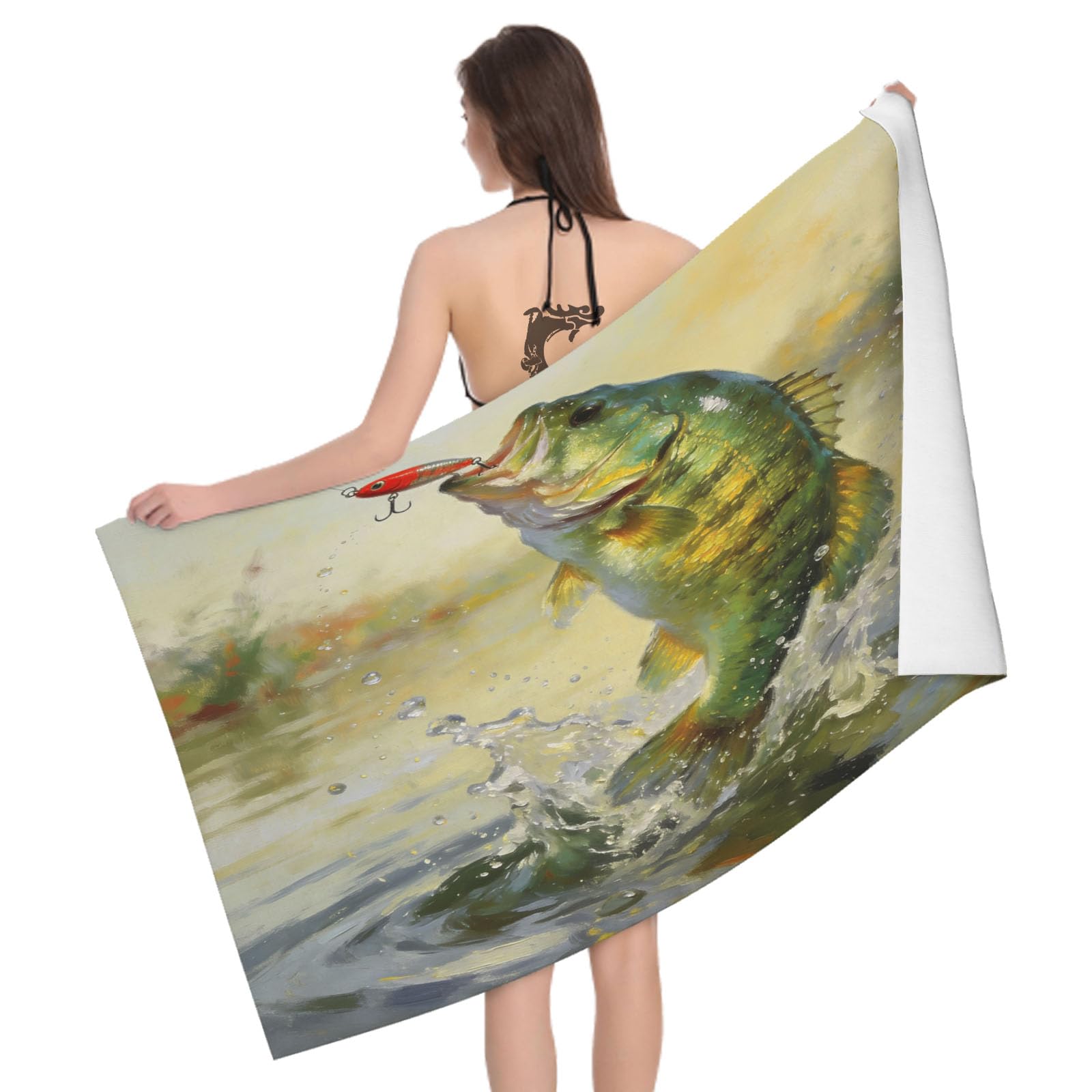 Leichong 3D Sea Bass Beach Towel Large Microfiber Soft Quick Dry for Adults, Fishing Bath Towel Lightweight Soft Absorbent for Travel Swimming Pool Sports, 180 x 90 cm