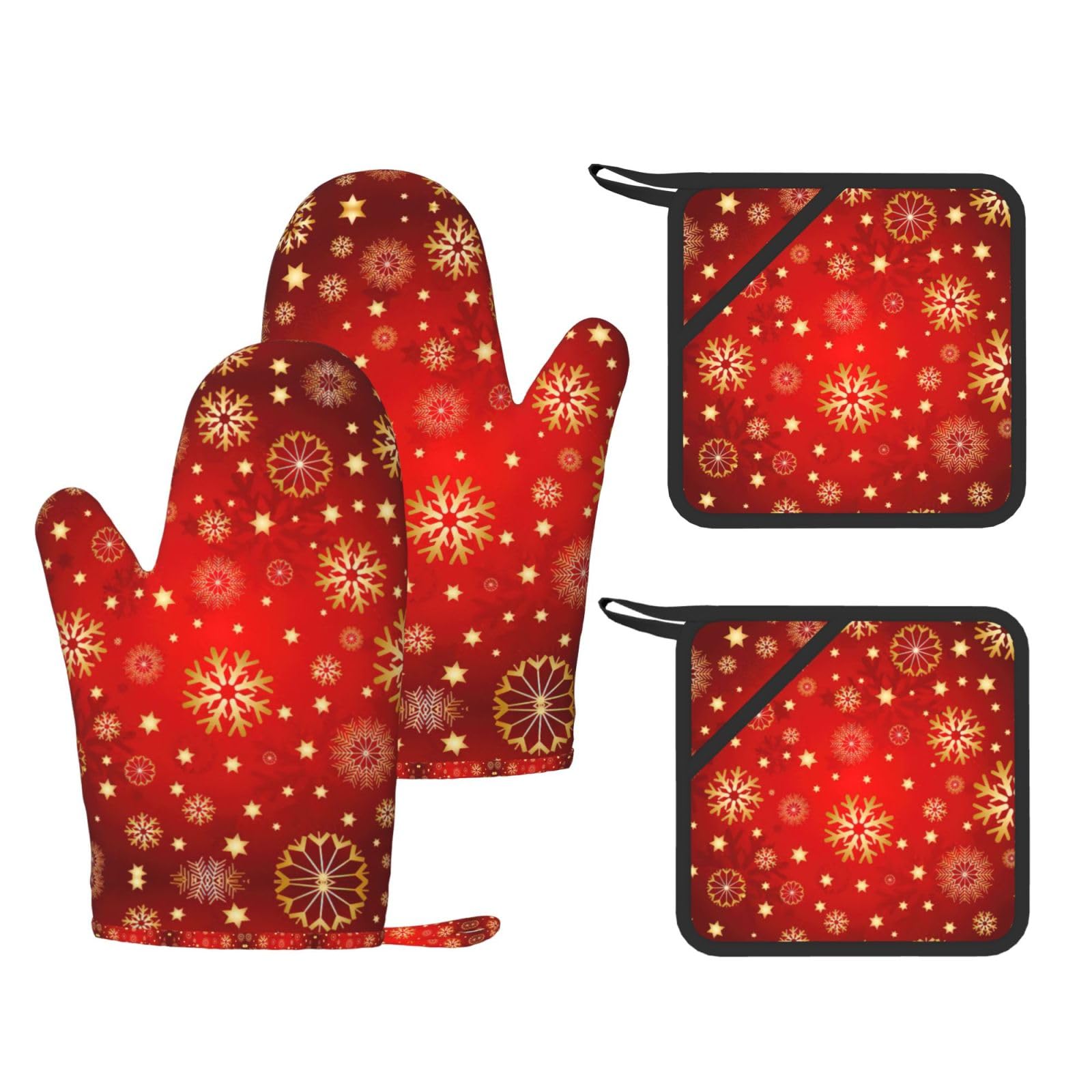 red background golden snow Printed Cooking Mitts and Pot Holders 4 Pcs, Heat Resistant Oven Gloves with Hanging Loop Chef