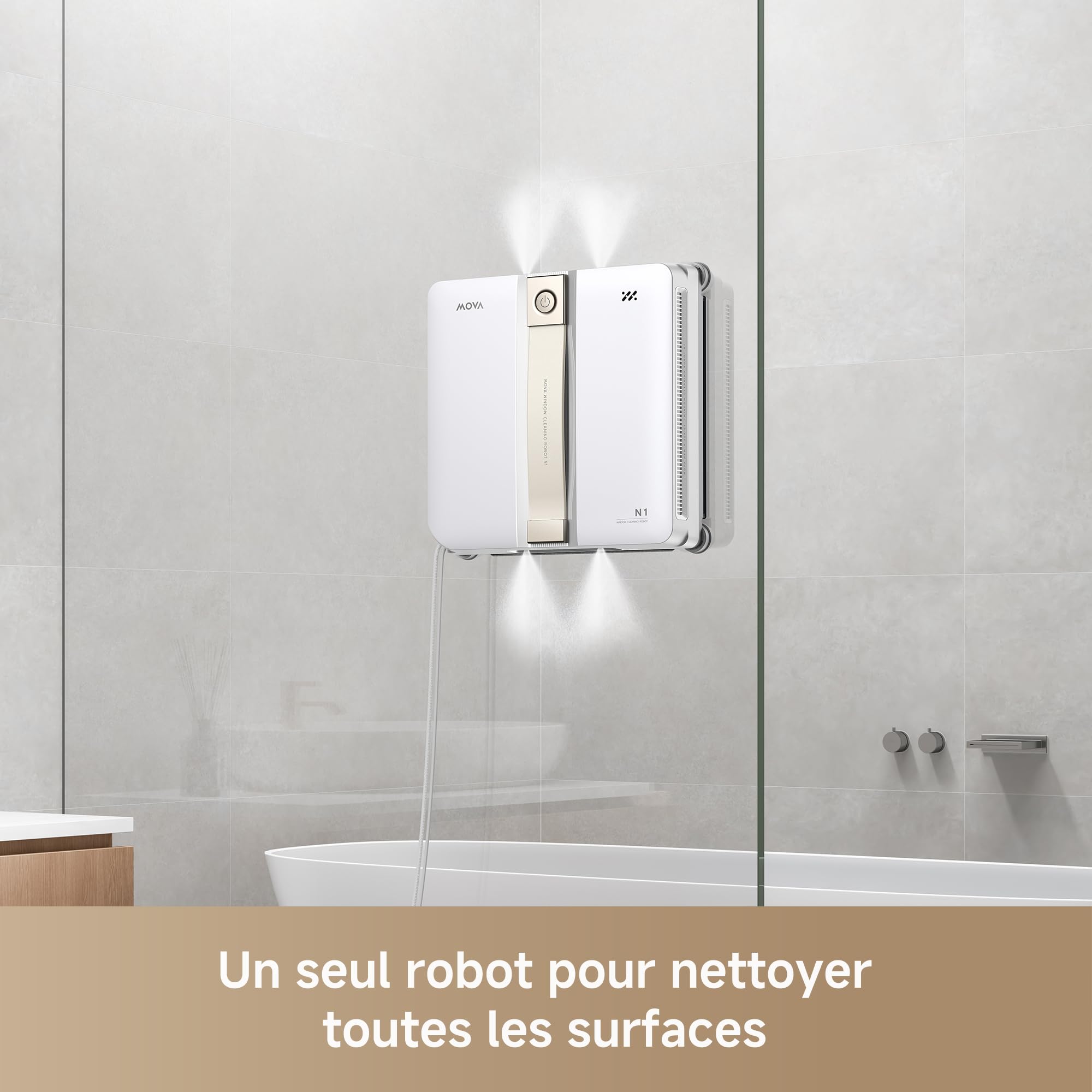 MOVA N1 Robot lave-vitres compact, système de brumisation double, aspiration 8000 Pa, système de sécurité et trajectoire intelligente pour une couverture totale