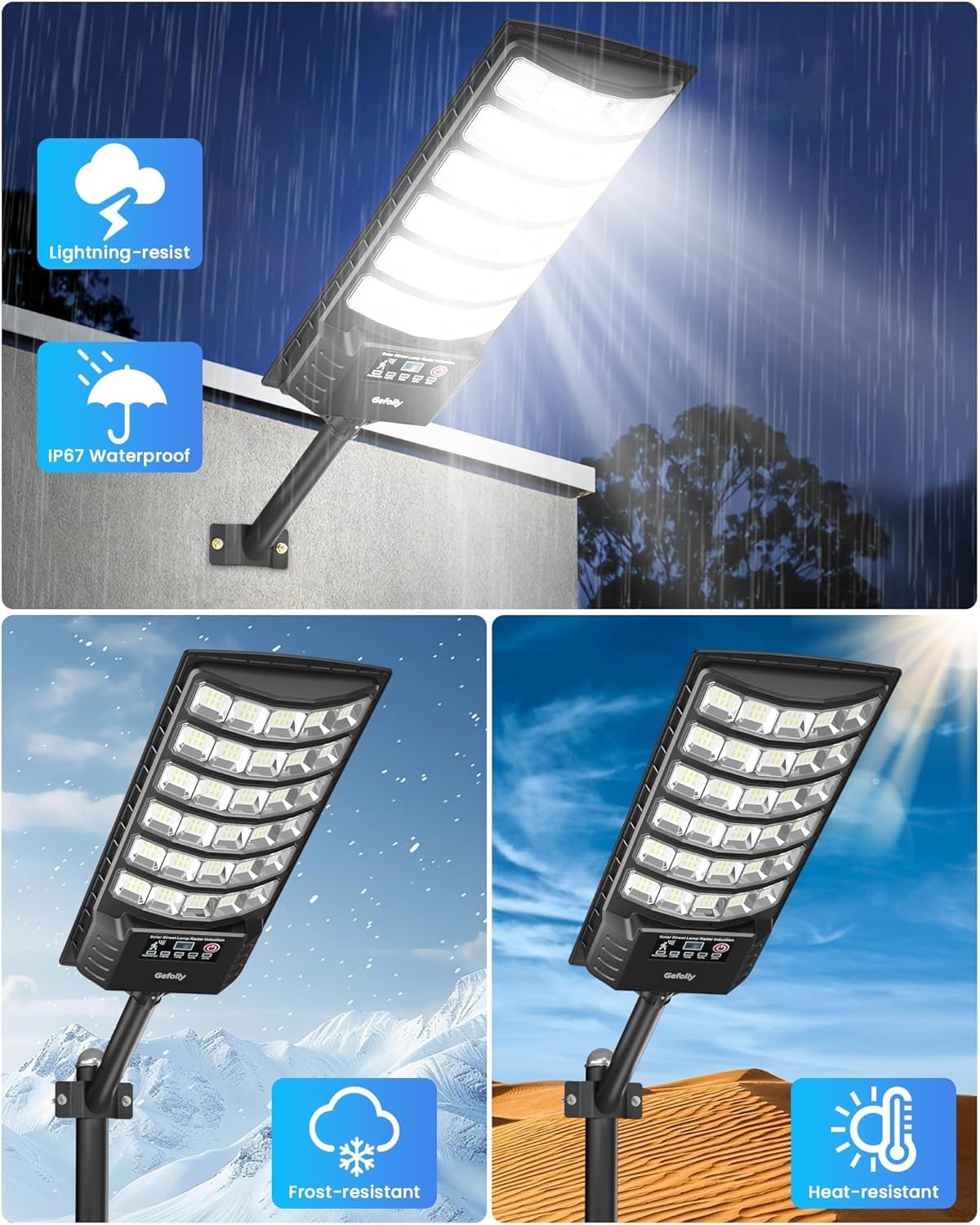 Gefolly Lampadaire Solaire Exterieur, 6500K Lampe Solaire Puissante avec Télécommande, IP67 Étanche Spot LED Extérieur Detecteur Pour Rue Garage Éclairage Public-4Pack