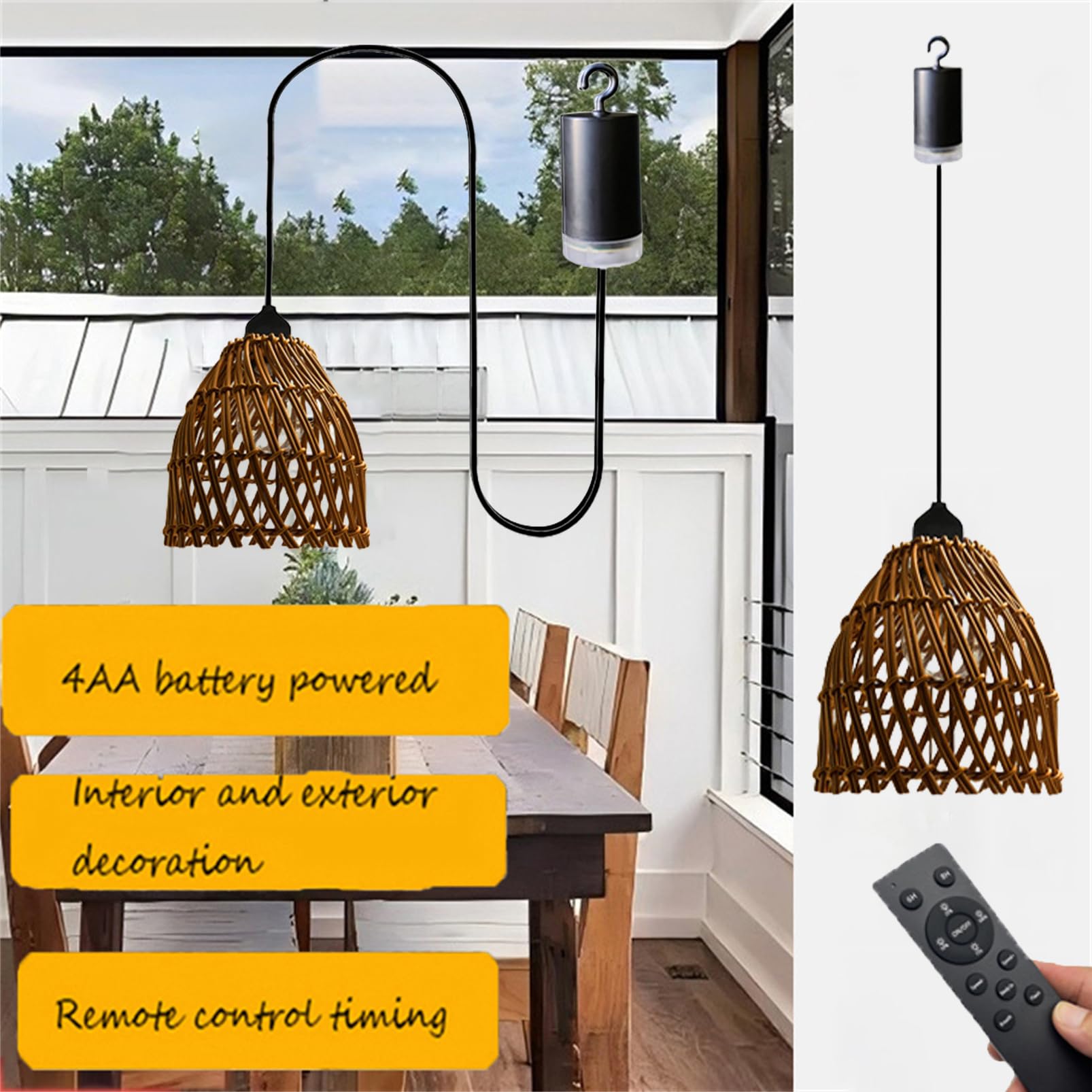 Lampadario a sospensione 'batteria', stile bohémien, per esterni, con telecomando, in rattan bohémien, per gazebo da giardino