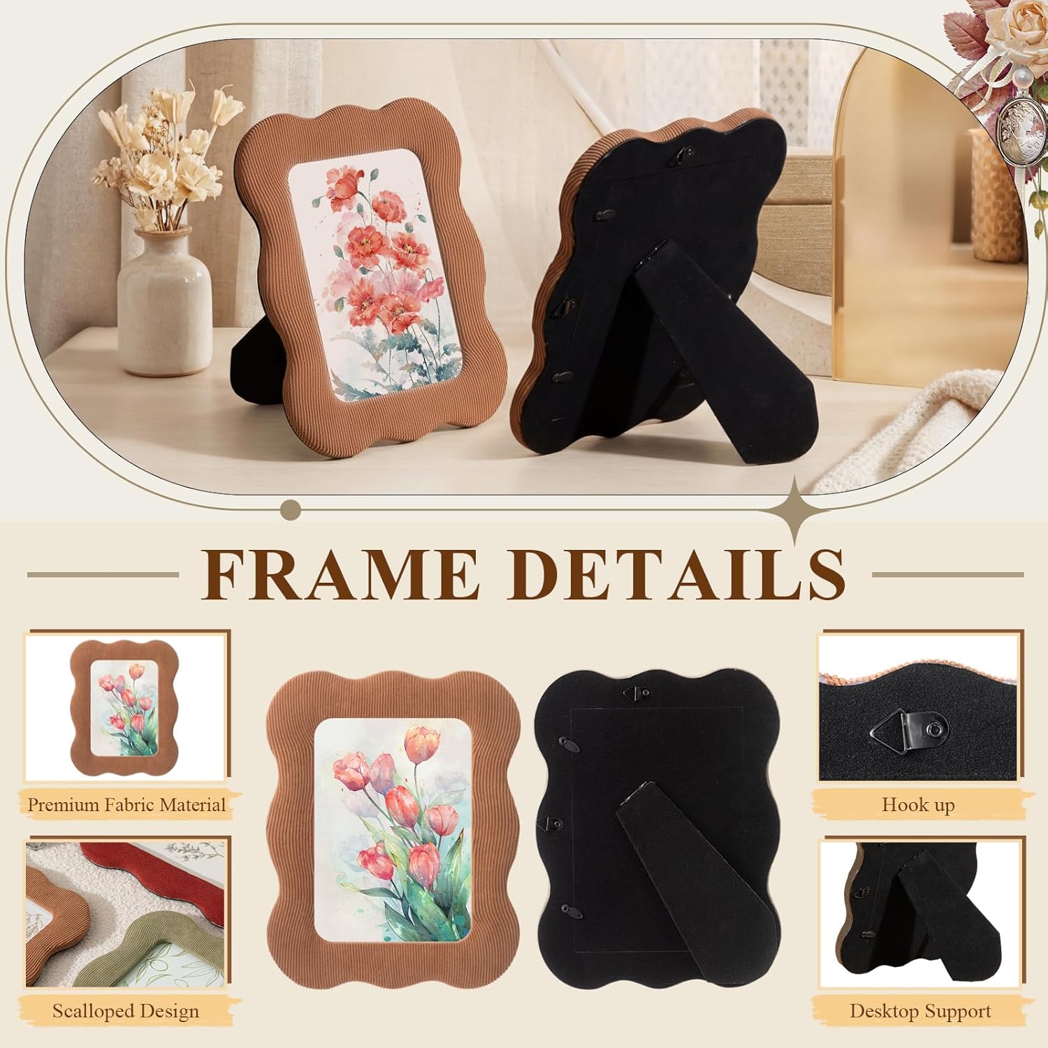 Vicenpal 5x7 Scalloped Picture Frame Set of 3, Cute Curved Picture Frames, Fabric Colorful Photo Display for Tabletop and Wall, Retro Home Decor Family Friends Wedding Gifts (Green, Red, Brown)