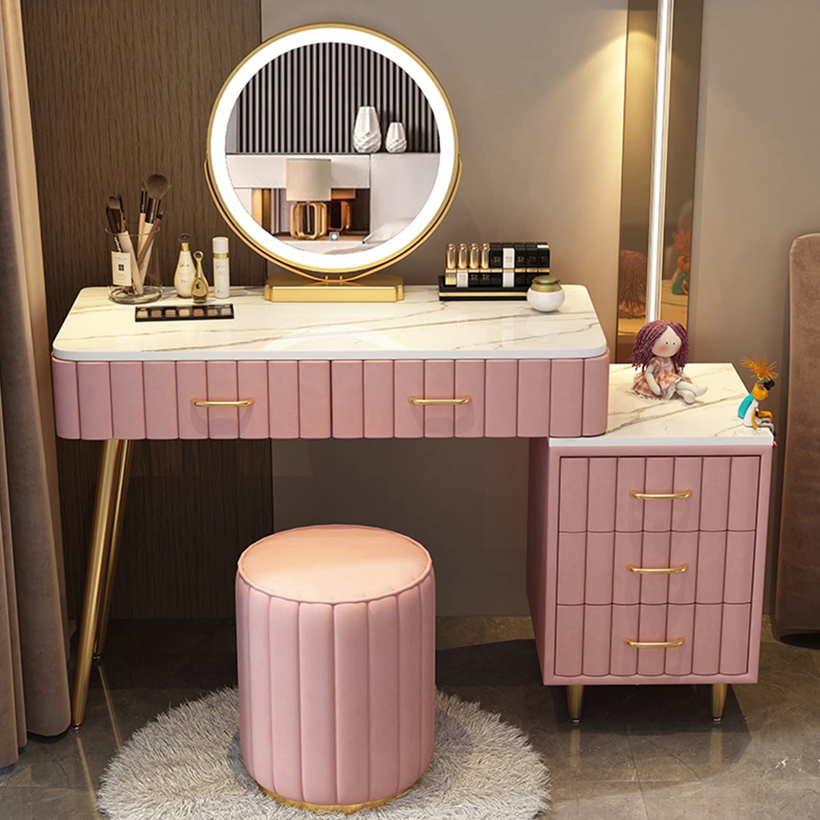 asdchZen Elegant Makeup Vanity Desk Set With Cushioned Stool Led Lighted Mirror In 3 Colors Spacious Dressing Table With Large Drawer Storage White 100Cm/39.3In,Pink a-100cm/39.3in