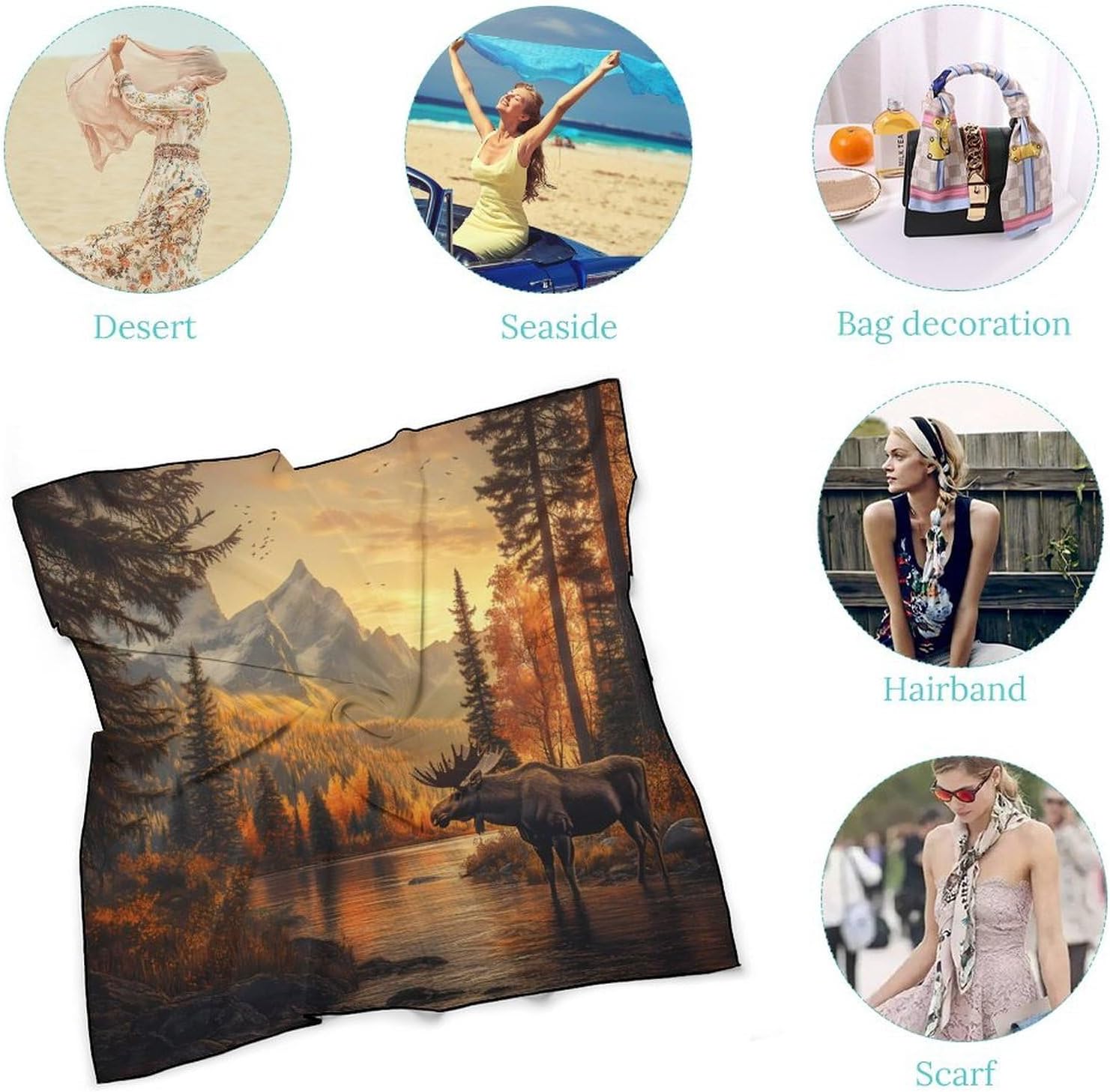 Moose in The River Bandana Fashion Head Scarf Square Silk Scarf Print Neck Hair Scarfs for Women Men Gifts