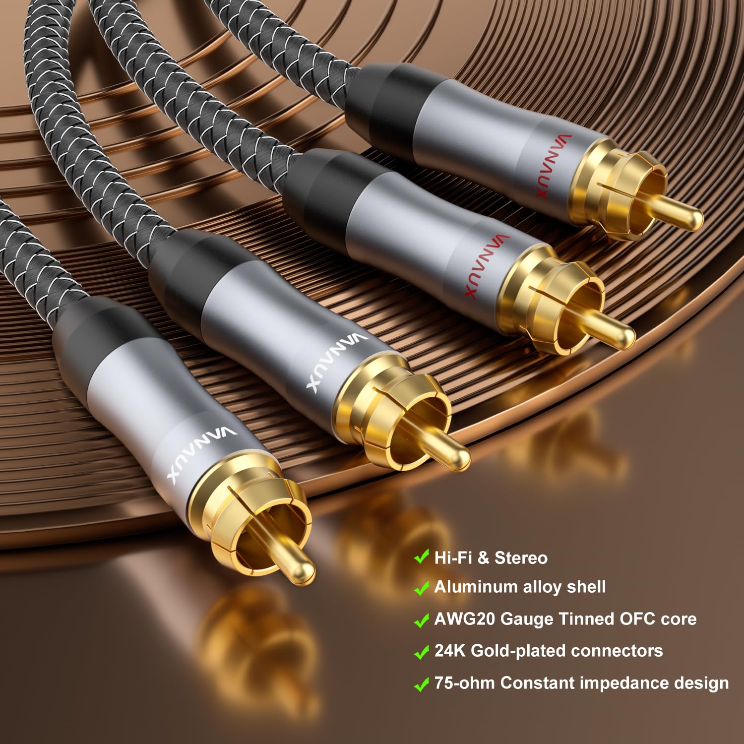 VANAUX Auidophile, Cavo audio stereo da 2RCA maschio a 2RCA maschio, cavo subwoofer OFC 75Ω, cavo coassiale digitale per Home Theater, HDTV, sistemi Hi-Fi (3 m, confezione da 2)