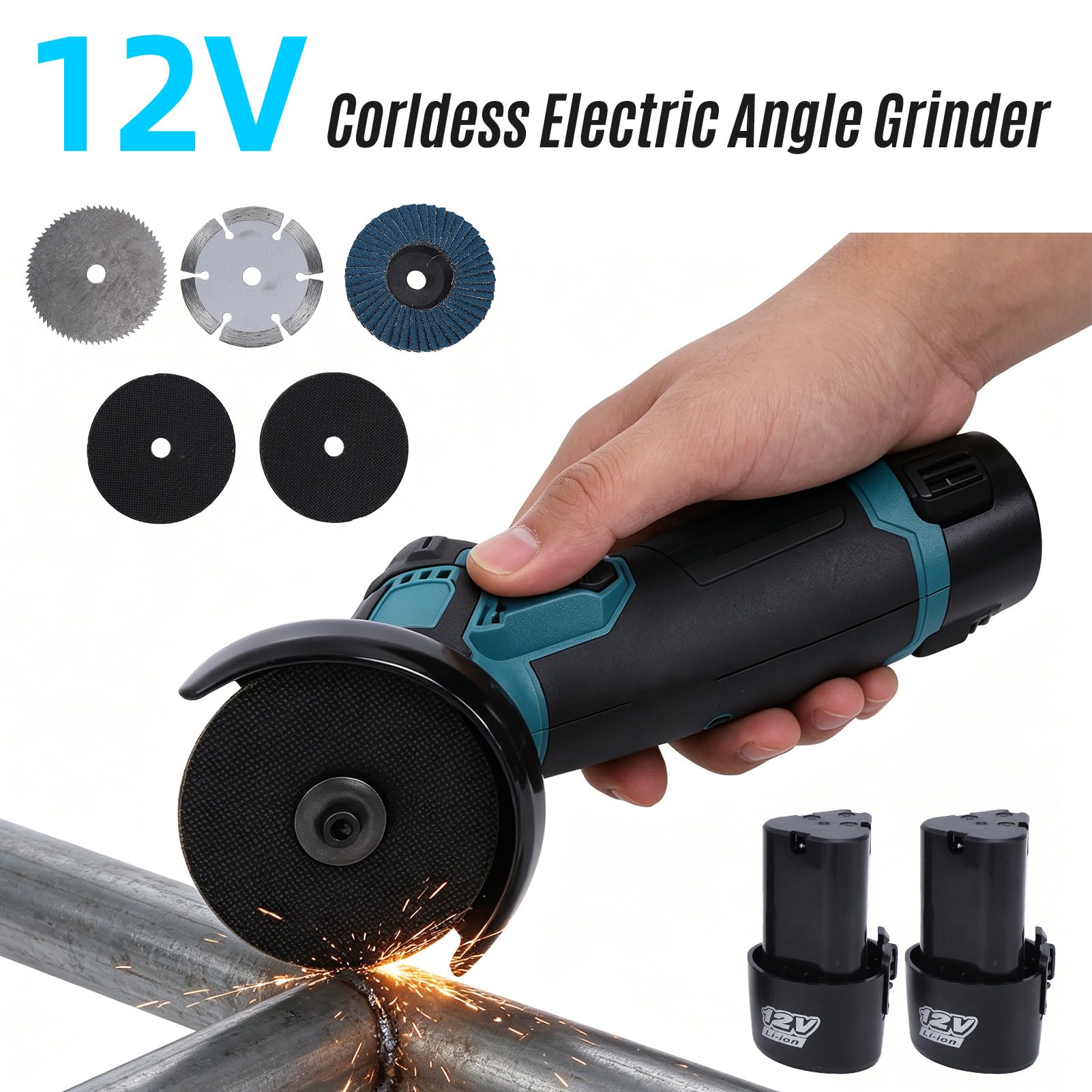 Geevorks Mini Amoladora Angular de 12 V, 19500 Rpm, 6 Hojas de Sierra, con Protección Gruesa para Cortar, Pulir y Desoxidar Metal, Madera y Azulejos con 2 Baterías (EU)