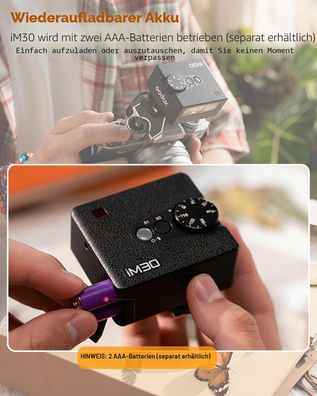 Godox iM30 Mini-Blitz, Speedlite Kompatibel mit Sony ZV1/ZV-E10, Canon, Nikon, Fuji und Ricoh GR3, GN15 Leistung mit 7 einstellbaren Stufen, 6500 K Tageslichtausgleichsblitz, 3,6 s Wiederholungszeit,