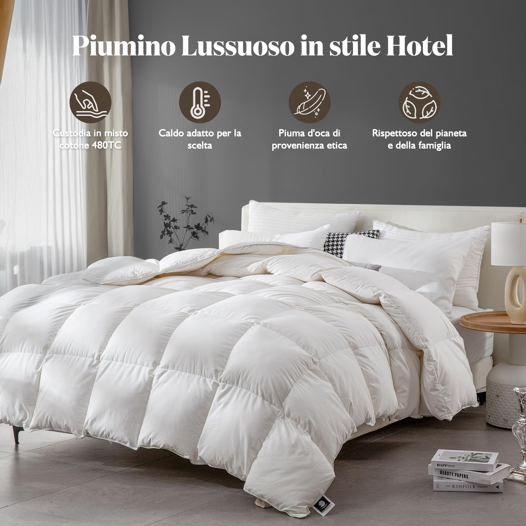 BPC Piumino Letto Matrimoniale in stile Hotel, Trapunta Pesante Invernale Autunnale in Piuma e Piumino d'oca, Super Morbido e Traspirante, Approvato Oek-Tex e RDS, 2 Piazze Matrimoniale 220x240 cm