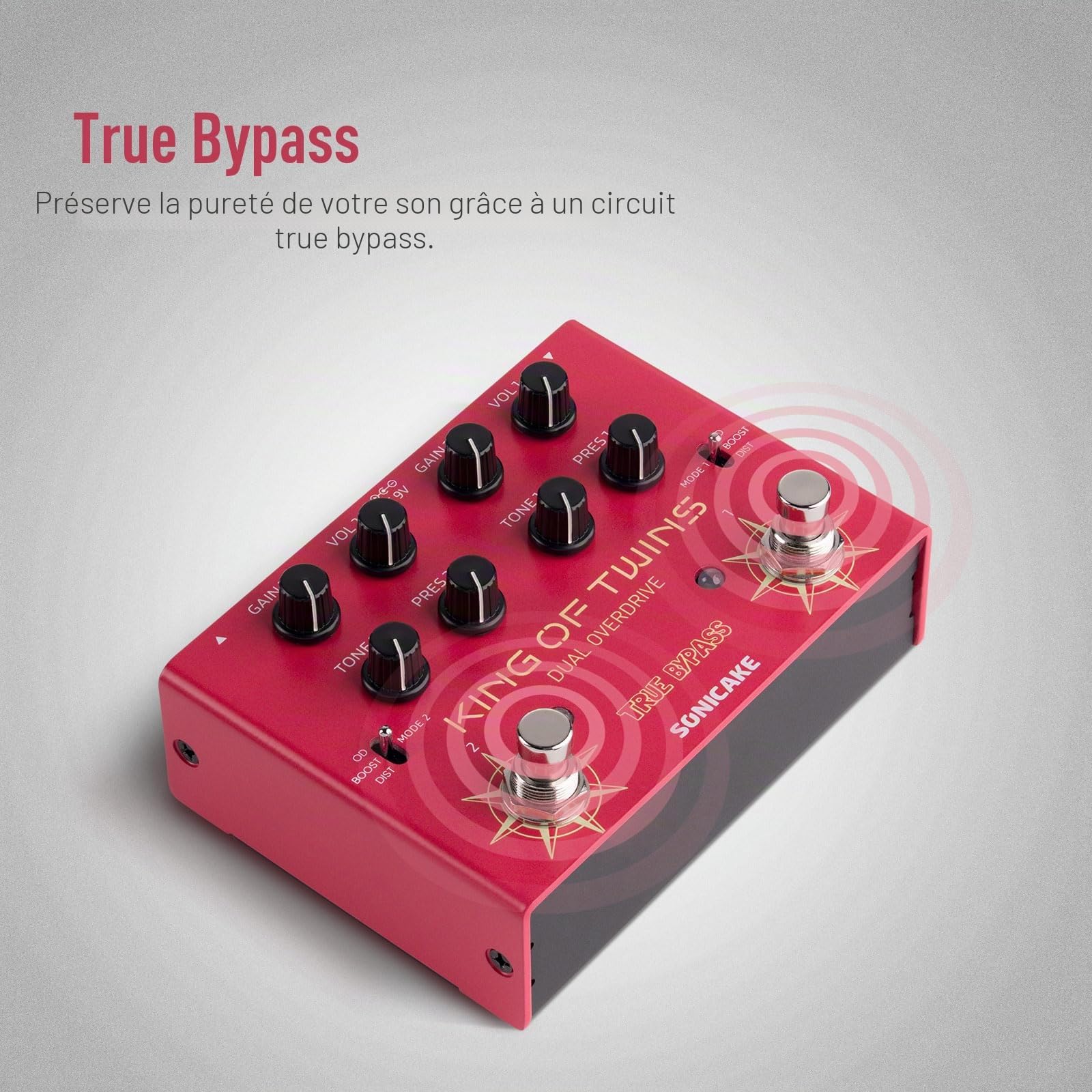 SONICAKE Pédale Overdrive Double Canal Overdrive/Boost/Distortion 3 Modes Circuit Pure Analogique True Bypass 4 Potards par Canal QDS-08