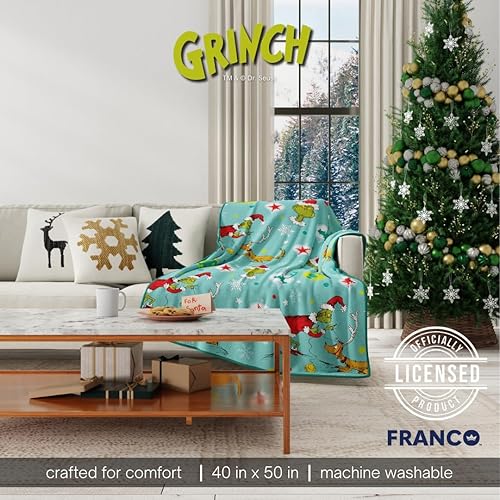 Miniatura 4 de Franco Collectibles Grinch by Dr. Seuss Holiday Bedding - Manta súper suave de micro raschel, 46 x 60 pulgadas, (producto oficial con licencia)