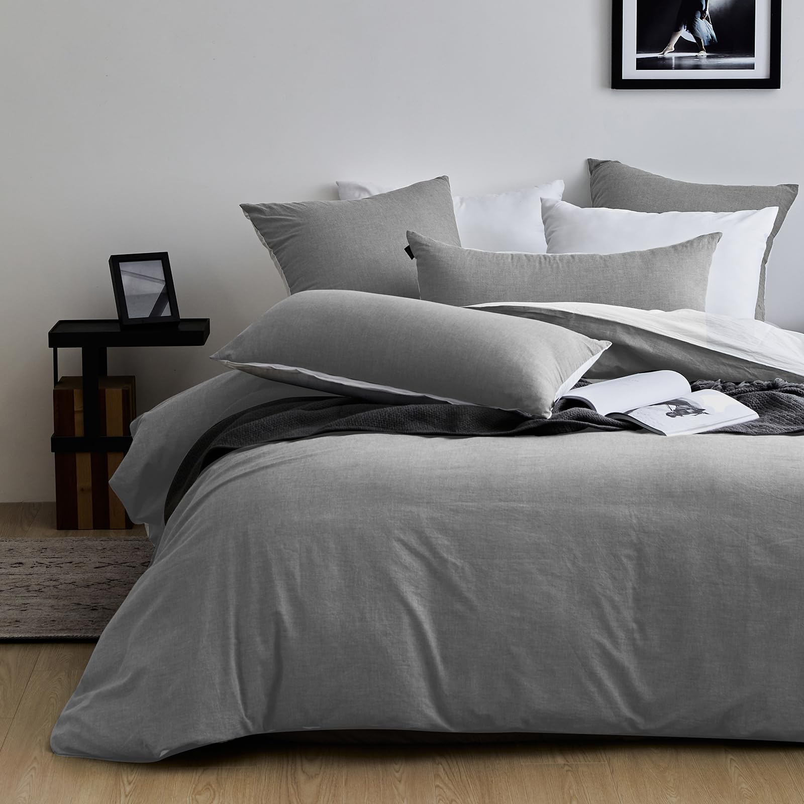 MILDLY - Funda nórdica de 220 x 240 cm, algodón, gris, 220 x 240 cm, 2 fundas de almohada de 65 x 65 cm, 100% algodón lavado, certificado Öko-Tex, gris ahumado juego de funda nórdica con cremallera