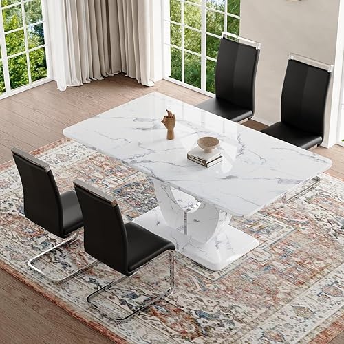 Miniatura 135 de JUFU Juego de mesa de comedor para 6 personas con sillas tapizadas de poliuretano, mesa y sillas de comedor de mármol sintético gris de 63 pulgadas,