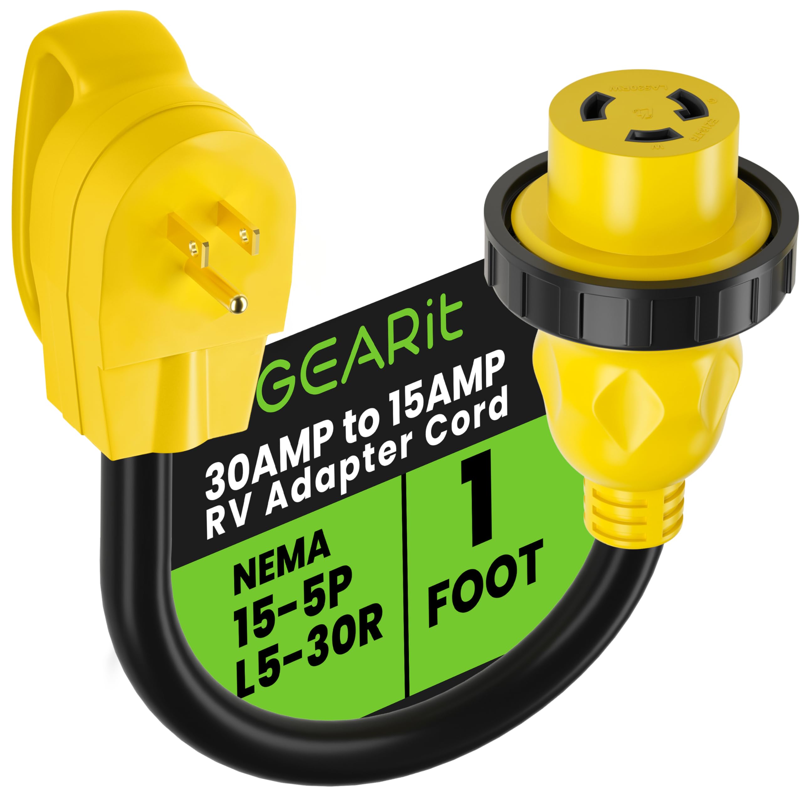 15 AMP Male (NEMA 5-15P) to 30 AMP (NEMA L5-30R) Female Lock Connector RV Dogbone Generator Adapter Cord, 1 Foot