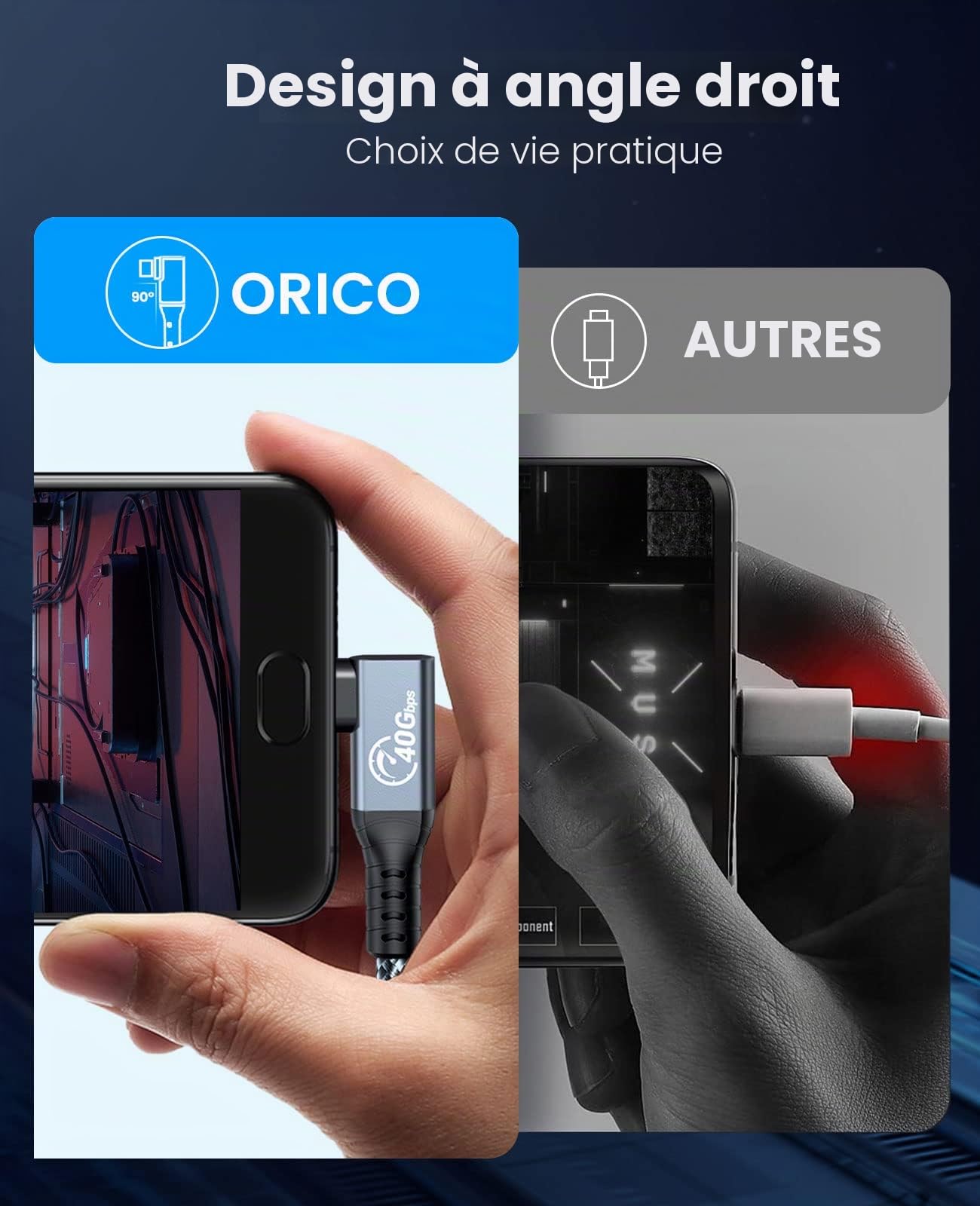 ORICO Câble pour Thunderbolt 4, Compatible avec Thunderbolt 3/USB4, taux de Transfert 40 Gbps, 8K@60Hz (Double 4k@60Hz) avec PD100W (20V/5A) pour PC, eGUP et Ordinateur Portable