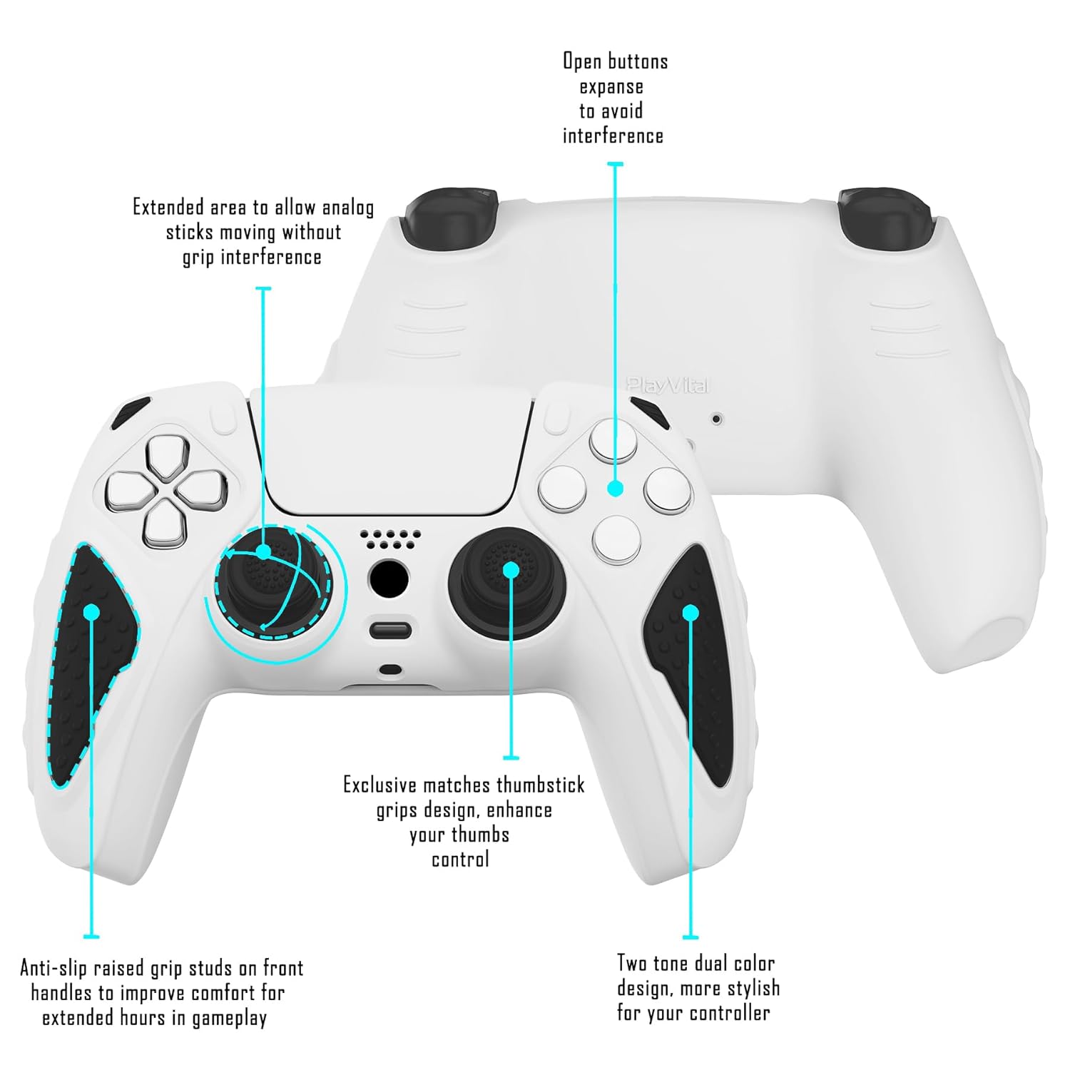 PlayVital Knight Edition White & Black Two Tone Anti-Slip Silicone Cover Skin for ps5 Controller, Soft Rubber Case for ps5 Wireless Controller with Thumb Grip Caps - Image 3