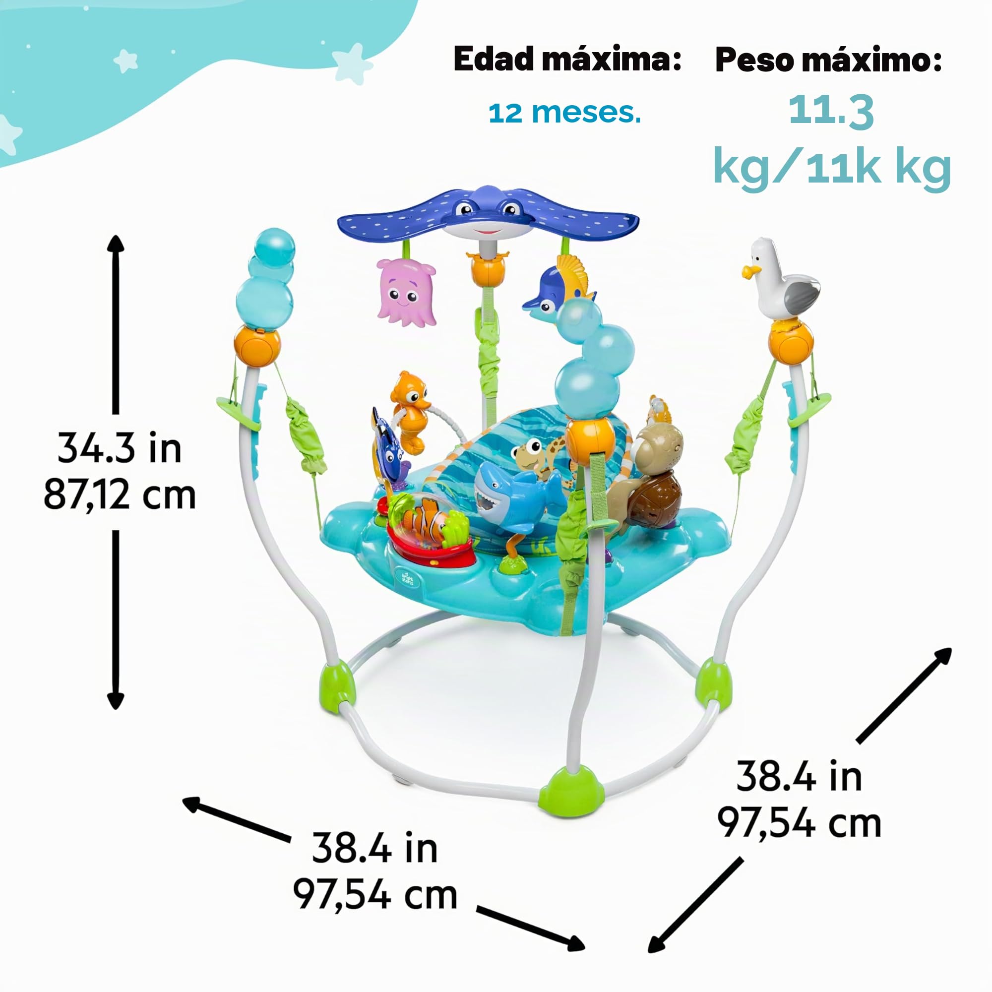 Bright Starts, Disney Baby, Finding Nemo, Saltador Mar de Actividades, Centro de Actividades con 13 Actividades, Luces, Música y Sonidos del Océano, Altura Ajustable, Rotación 360°, Edades 6 Meses +