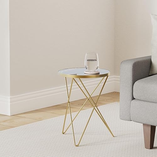 Miniatura 2 de HLR Juego de 2 mesas auxiliares redondas modernas, mesa auxiliar con parte superior efecto mármol y marco de metal dorado, mesa auxiliar pequeña