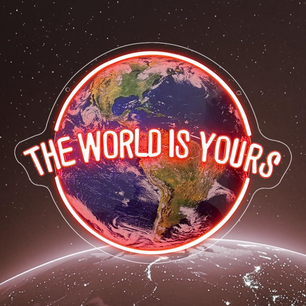 RuCvixkt The World is Yours Neon Schild Led Lichtschild für Wanddekoration, UV gedruckt Acryl Cool Planet Design für Jungen Mädchen Schlafzimmer, Spielzimmer, Mann Höhle, Bar Bistro Club, Geburtstagsg