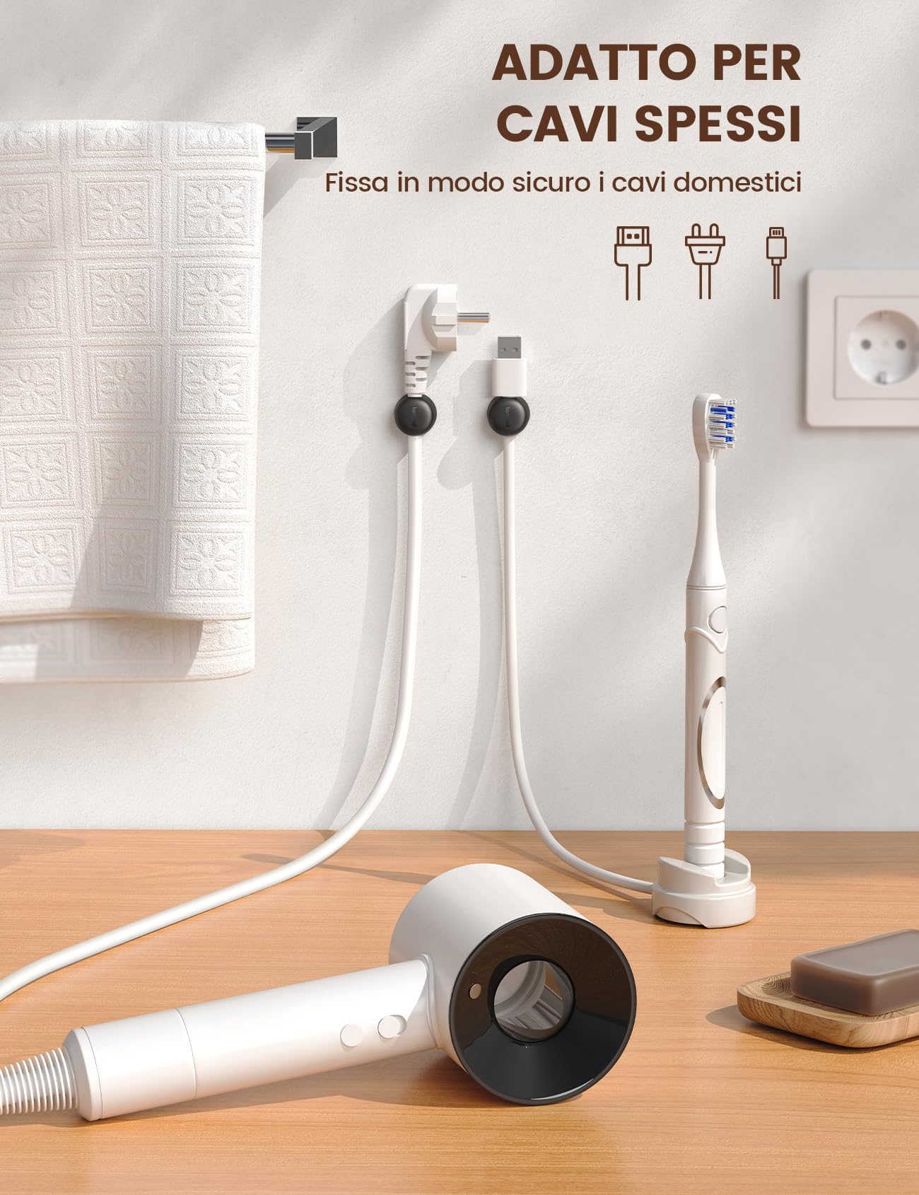 Lamicall [6 Pezzi] Clip per Cavo a Molla - [360° Rotazione Migliorata] Fermacavo Autoadesivo Senza Residui, Gestione Cavo per HDMI, USB, PC, TV, Casa, Cucina, Ufficio (8mm) - Nero