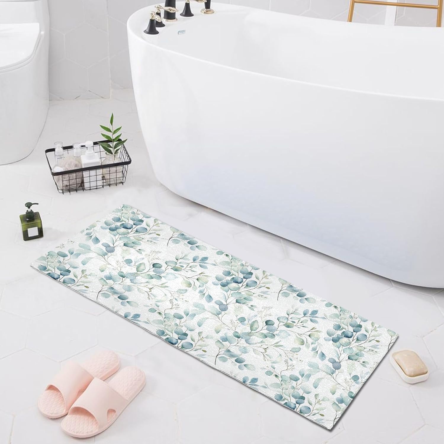 Watercolor Eucalyptus Leaf Bath Rug Mat 39x20, Soft Absorbent Microfiber Bathroom Rugs, Non-Slip Plush Bath Carpet, Rubber Backing Quick Dry Bath Mats Runner Bathmat