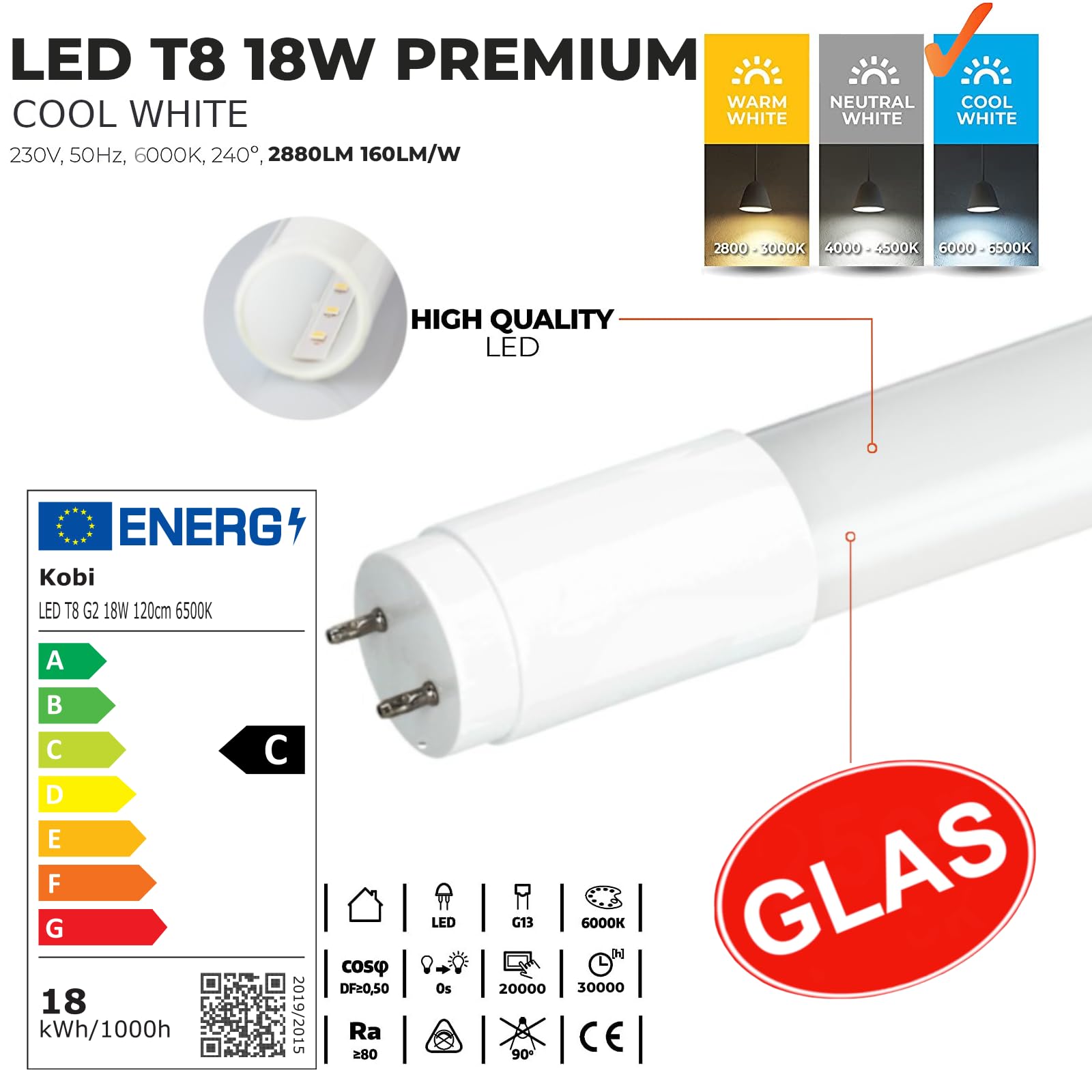 25er Pack PREMIUM LED Röhre T8 G13 120cm 18W Kaltweiß 6500K – 2880lm – 160 lm/W High Efficiency – Glasrohr – Flimmerfrei – Ersatz für Leuchtstoffröhre – inklusive Starter
