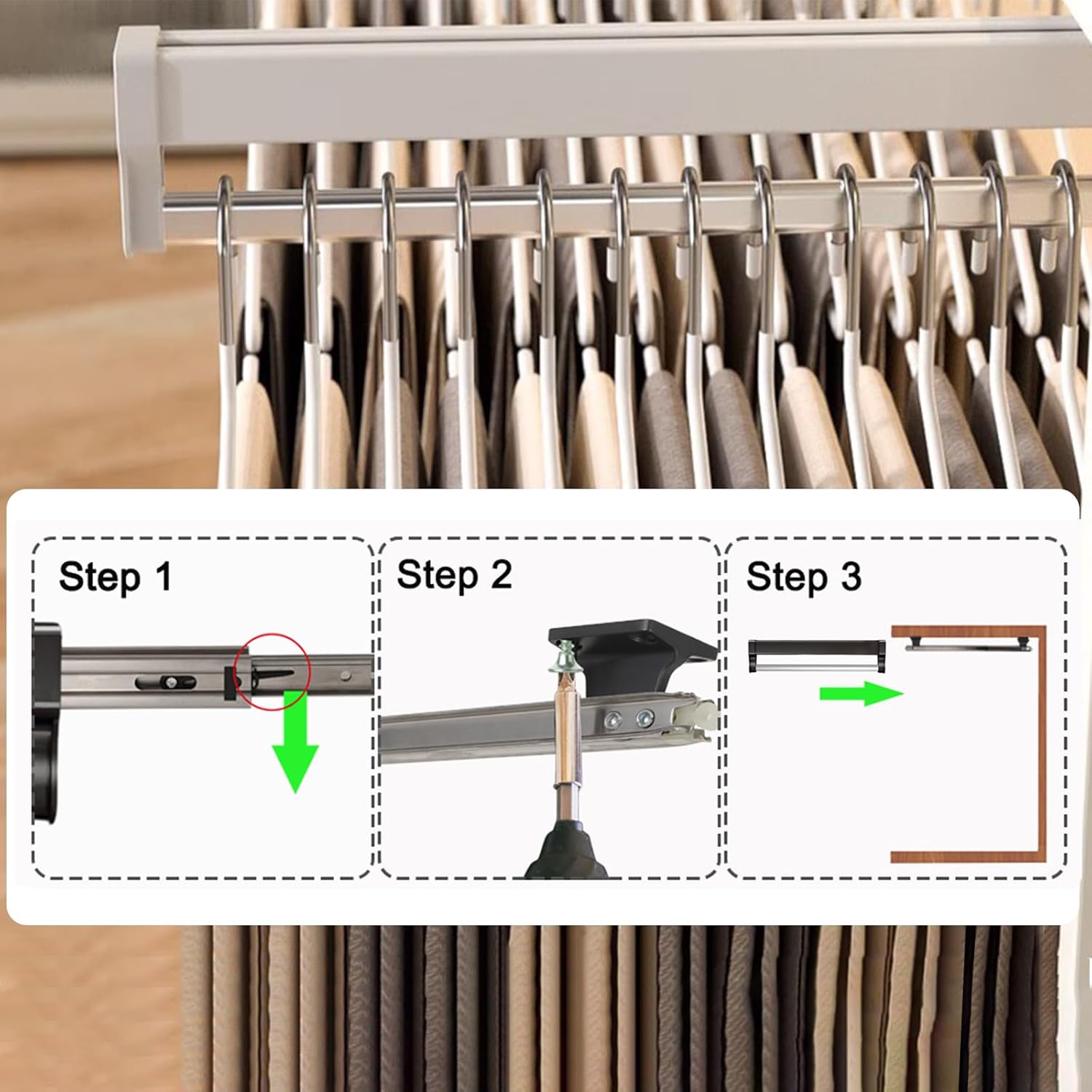 Pull Out Closet Valet Rod, Adjustable Sliding Heavy Duty Steel Top Mounted Clothes Storage Hanger Rail for Closet Wardrobe (397mm/15.6inch)