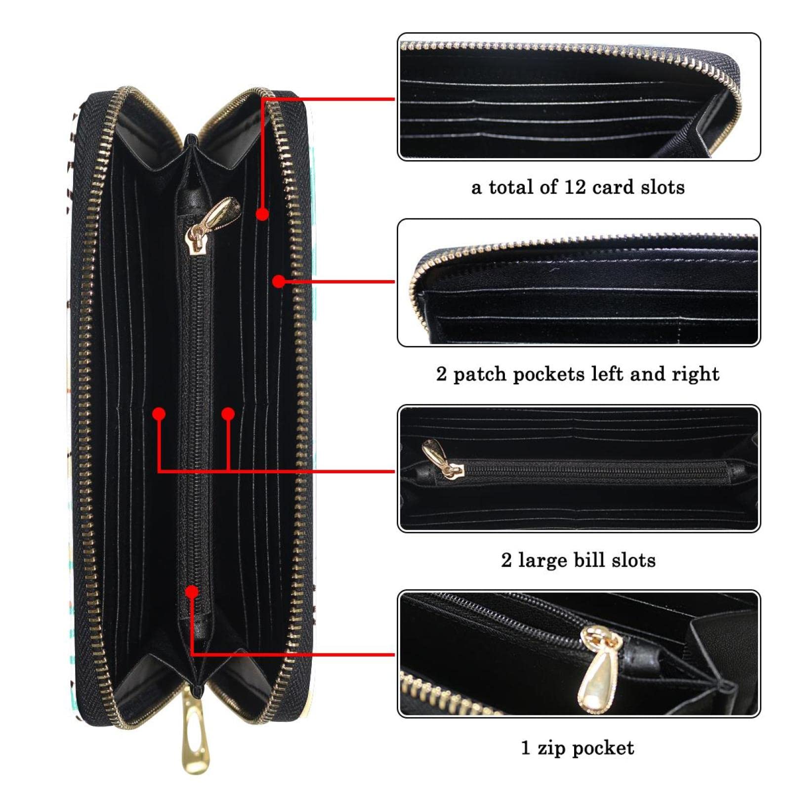 Cartera larga de cuero con cremallera para personalizar las palabras de animales, Varios colores, 20.5x2.5x11.5cm/8.07x1x4.53 in, Classic