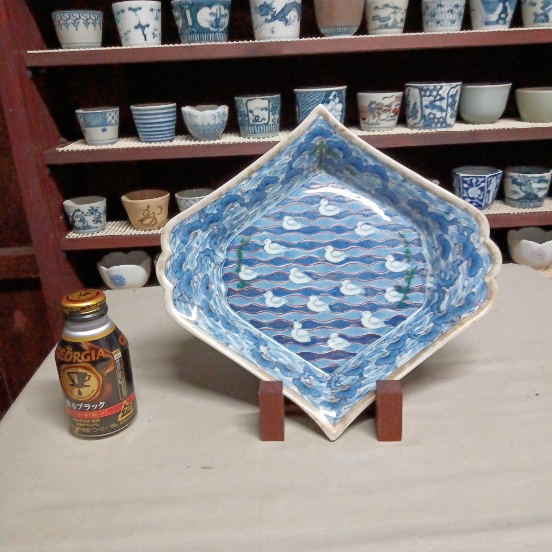 古伊万里 色絵染付 珍品 五葉松縁 波千鳥文 擬宝珠型皿 変形皿 尺皿 江戸後期 Amazon.co.jp: 古伊万里 色絵染付 珍品 五葉松縁 波千鳥文