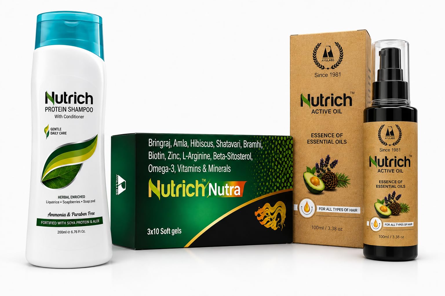Ayulabs Nutrich Hairfall Control Kit | Protein Shampoo 200 ml + Active Hair Oil 100 ml + Nutra Softgels 30 Count-image-36