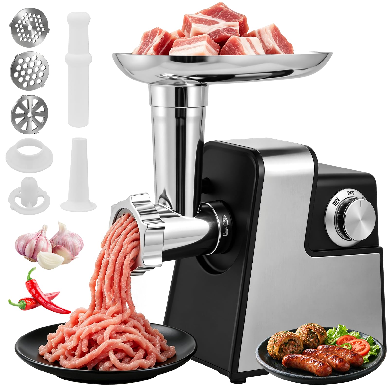 Tritacarne elettrico, 4 in 1, con 3 dischi, bobina di trasporto, coltello da taglio e salsicce, tritacarne per uso domestico, in acciaio inox