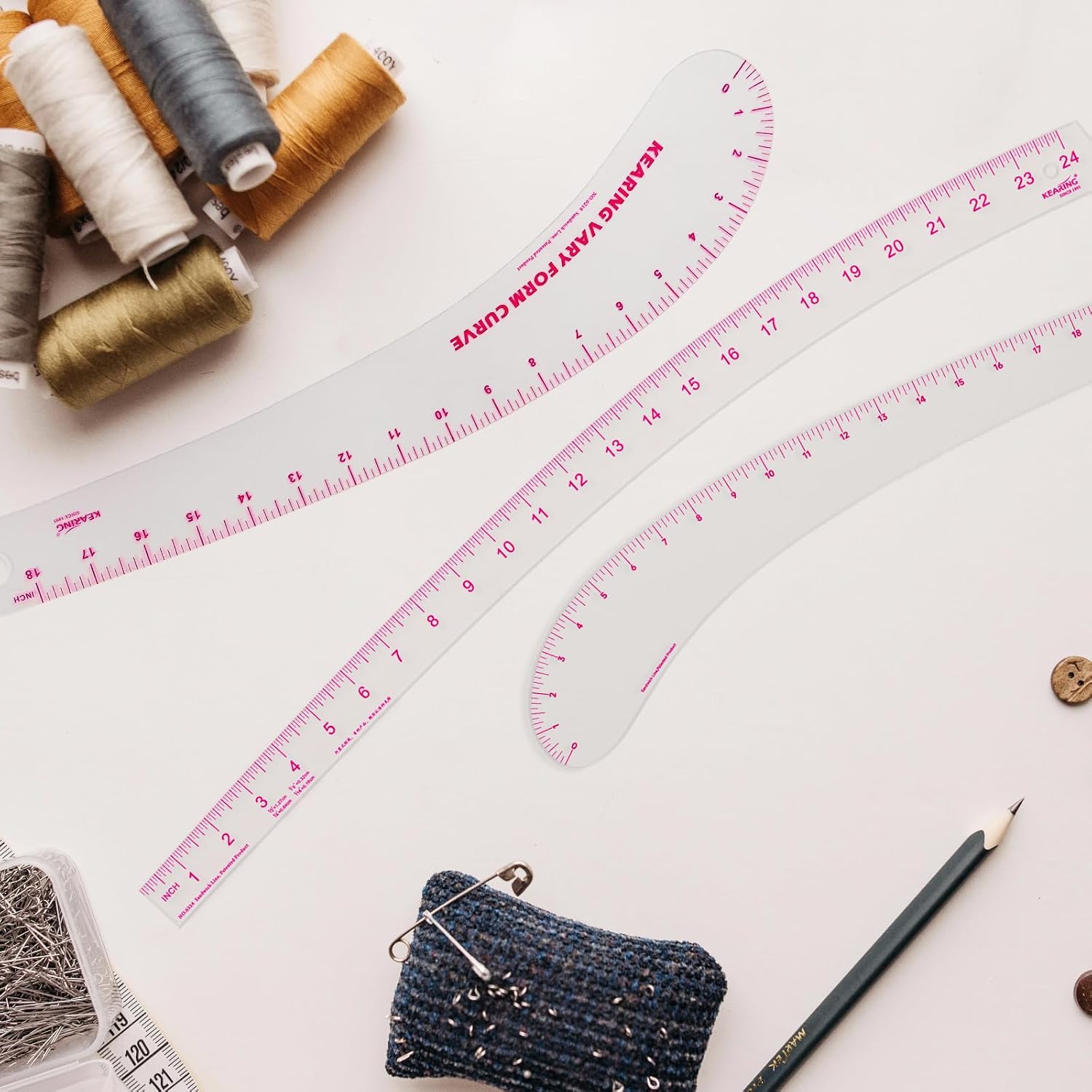 KEARING 24inch French Curve Ruler for Pattern Making, Vary Form Curve Ruler for Sewing, Sandwich Line Scale, Clear Hip Measuring Curve Transparent Fashion Designer's Ruler