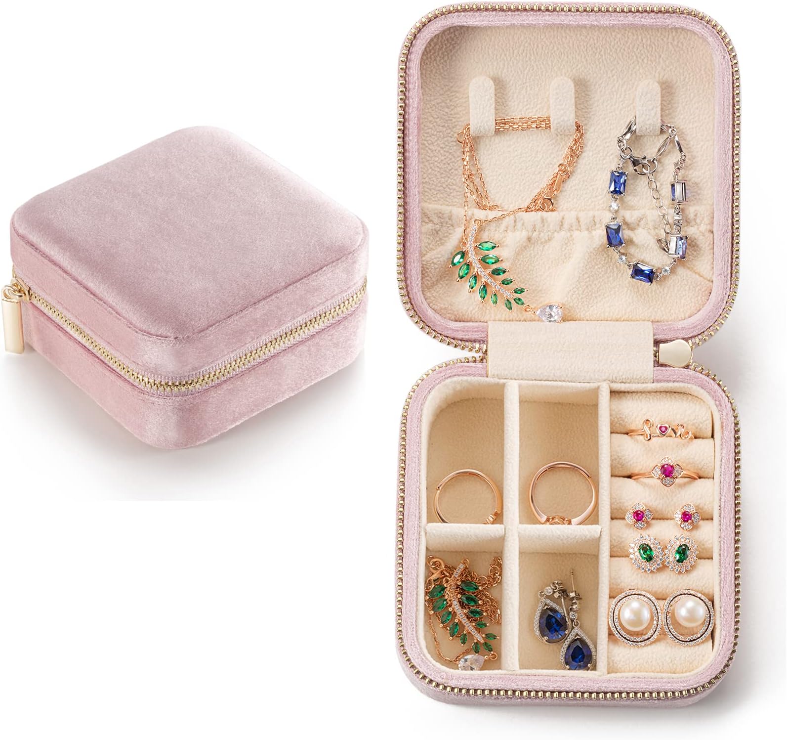Plush Velvet Travel Jewelry Case, Mini Jewelry Box, Small Jewelry Organizer Portable Display Jewelry Storage Case for Rings Earrings Necklace Bracelet Bangle,Gifts for Girls Women VOMNA(Pink) 1 Pack