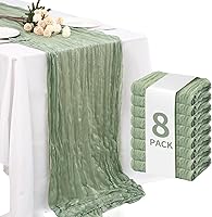 Fixwal 8 Pack Sage Green Cheesecloth Table Runners 35x120 Inch Pleated Boho Gauze Runners for Weddings, Parties, Christmas Dinners