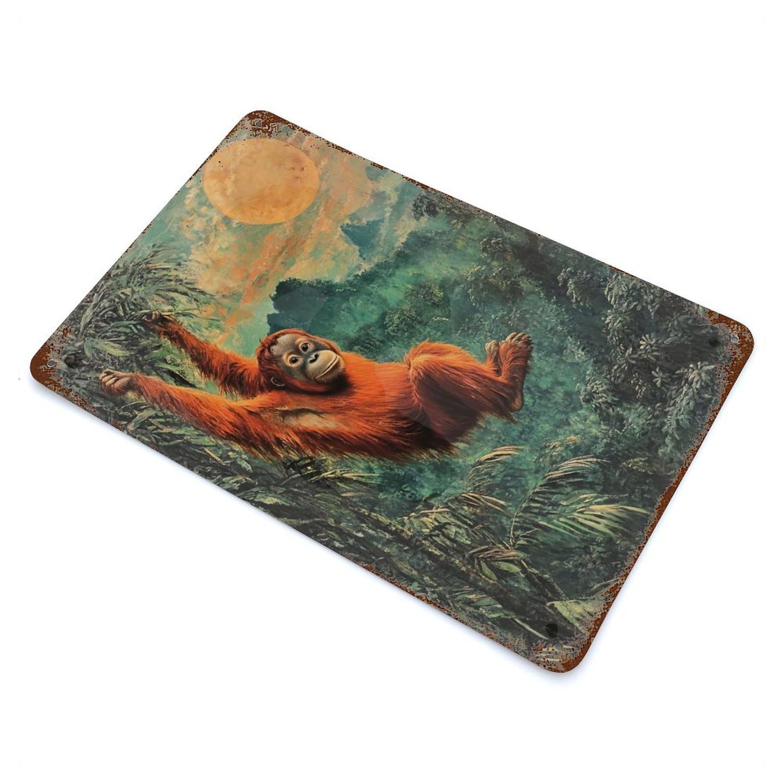 Rust Effect Orangutan in Jungle Distressed Metal Wall Sign 11.8"x7.9", Decorative Metal Wall Art for Living Room, Hallway And Home Decor
