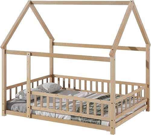 Miniatura 107 de Bellemave Cama Montessori de madera con valla y techo para niños, marco de cama individual para niños, niñas (individual, blanco)