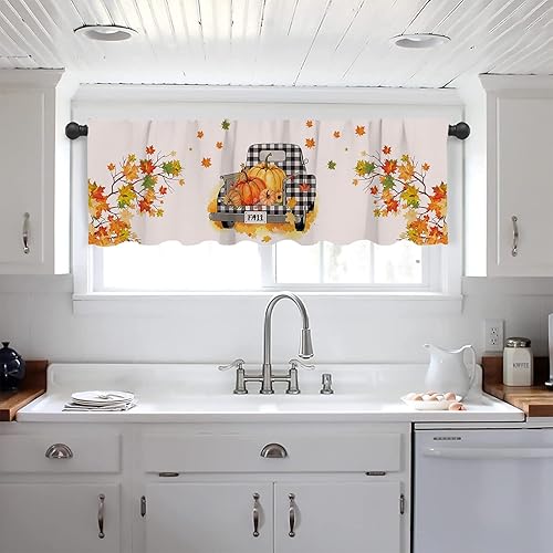 Miniatura 7 de Cenefas de ventana de otoño de Acción de Gracias, cortinas cortas de cocina con bolsillo para barra, cortinas de cenefa de calabaza naranja, hoja de