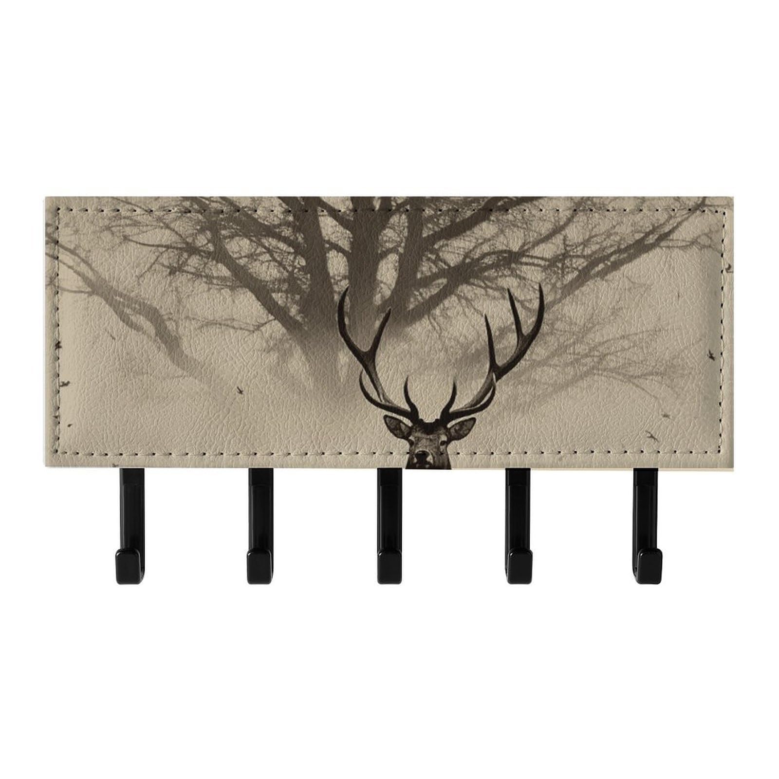 QMNLKH Abstract Tree Elk Picture Wall Mounted Key Rack for Home, No Drilling Key Holder with 5 Hooks, Self Adhesive Keys Chain Organizer for Hallway, Keys Hanger Shelf for Office, Doorway Black