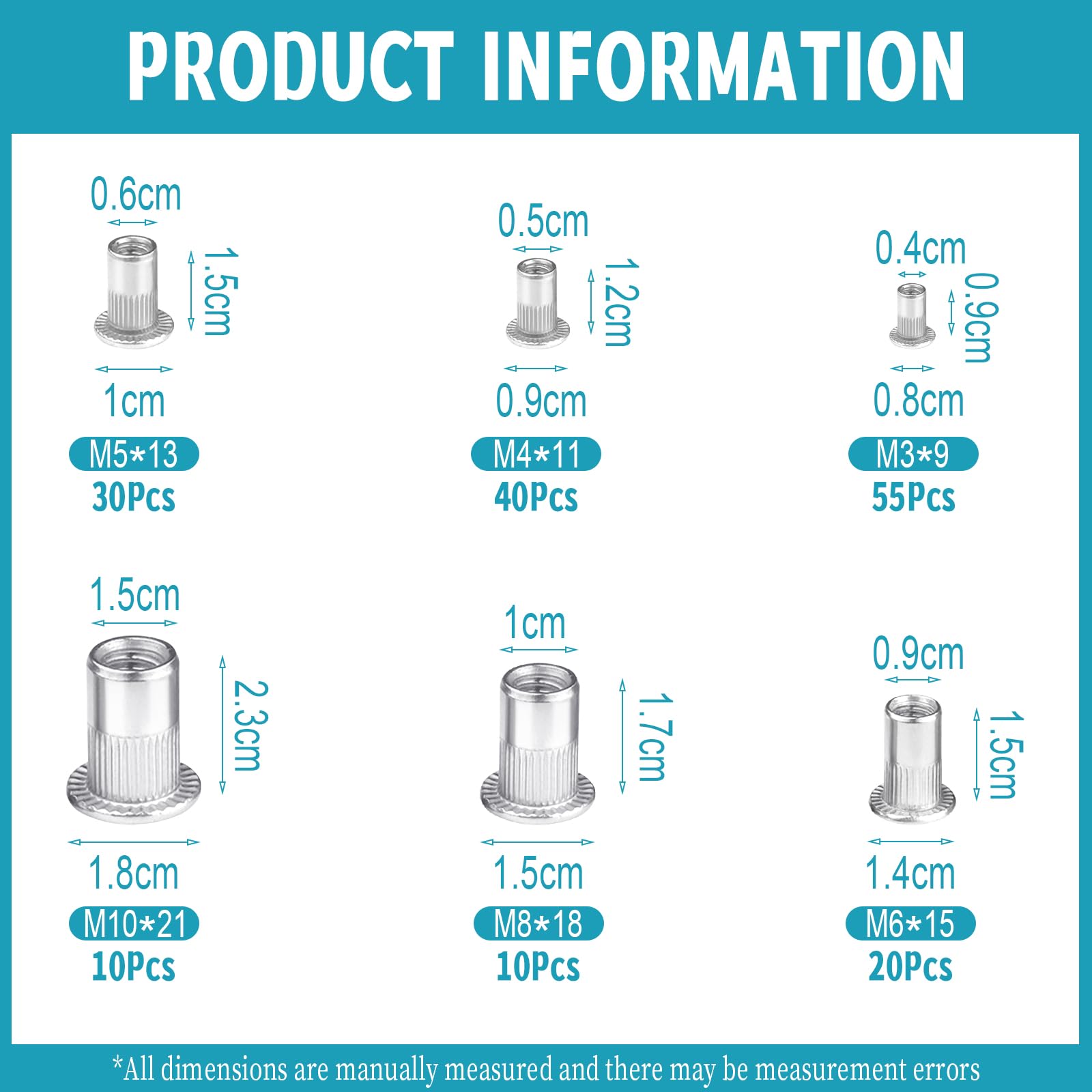 Yuhtech 165 Pcs Aluminum Rivet Nut Flat, Head Threaded Insert Nutsert, Nutsert Rivnut Assortment Kit M3 M4 M5 M6 M8 M10 - Image 2