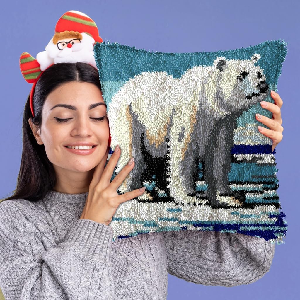 DL-YTG Latch Hook Kits Pillow Polar Bear Crochet Yarn Cushion Colour Printed Canvas Rug Needlework DIY Pillowcase Hook and Latch Kit Christmas Home Arts Crafts Sofa Decoration 42x42cm/16X16inch