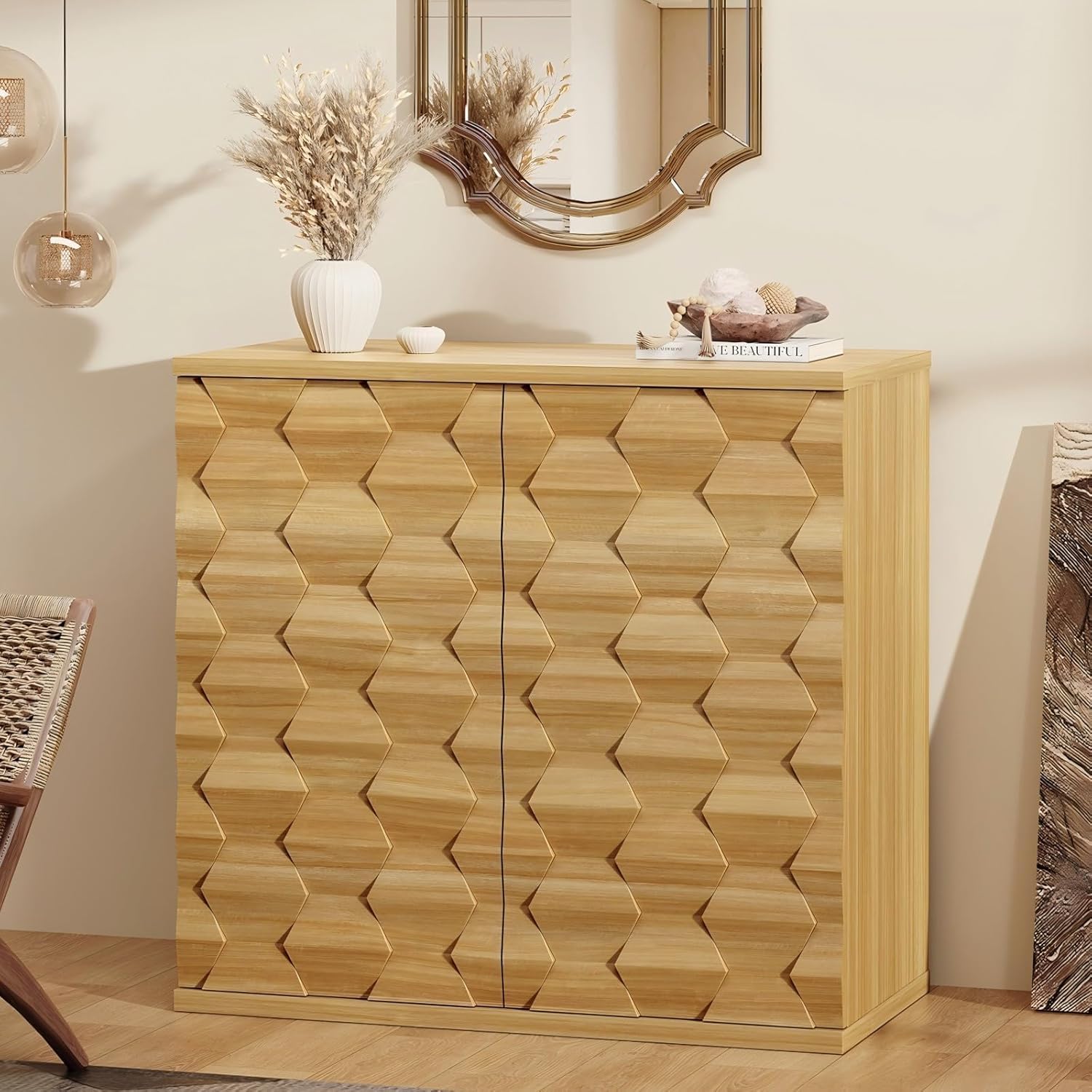 Bar Cabinet with Storage, Modern Fluted Accent Buffet Cabinet with Unique 3-Dimensional Craft, 31.5" Coffee Bar Table for Entryway, Kitchen, Dining Room, Natural