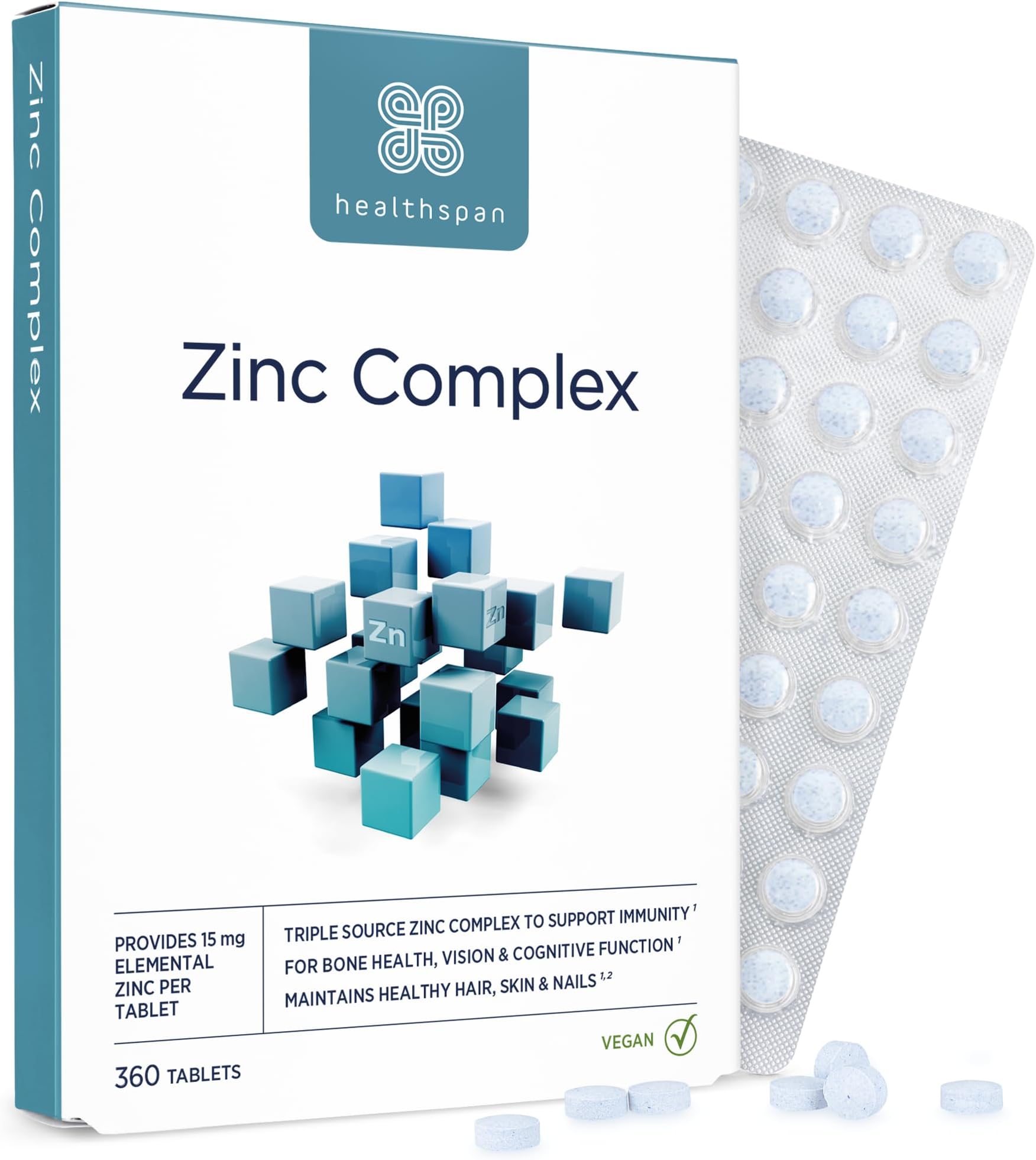 Healthspan 3-in-1 Zinc Complex 15mg (360 Tablets) | for Immunity, Metabolism & Cognitive Function | Tripe Source Zinc | Citrate, Glycinate & Picolinate | Vitamin C | Easy to Swallow | Vegan