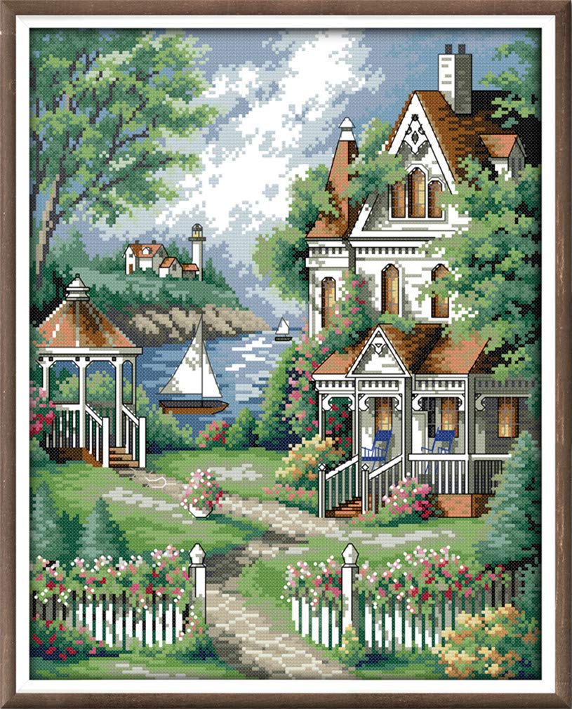 YEESAM ARTNew Counted Cross Stitch Kits Advanced - Seaside Villa - Embroidery Set Needlework DIY Handmade Christmas Gifts (Villa, White)