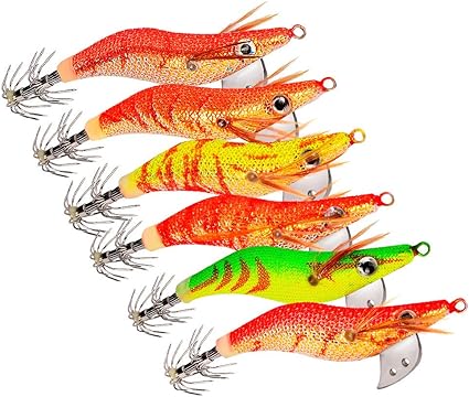 Los cebos de pesca OriGlam 6pcs calamar Pulpo camarones cebo son ideales para atrapar calamares, pulpos y peces en agua dulce o salada. Con ganchos de doble capa y diseño realista.