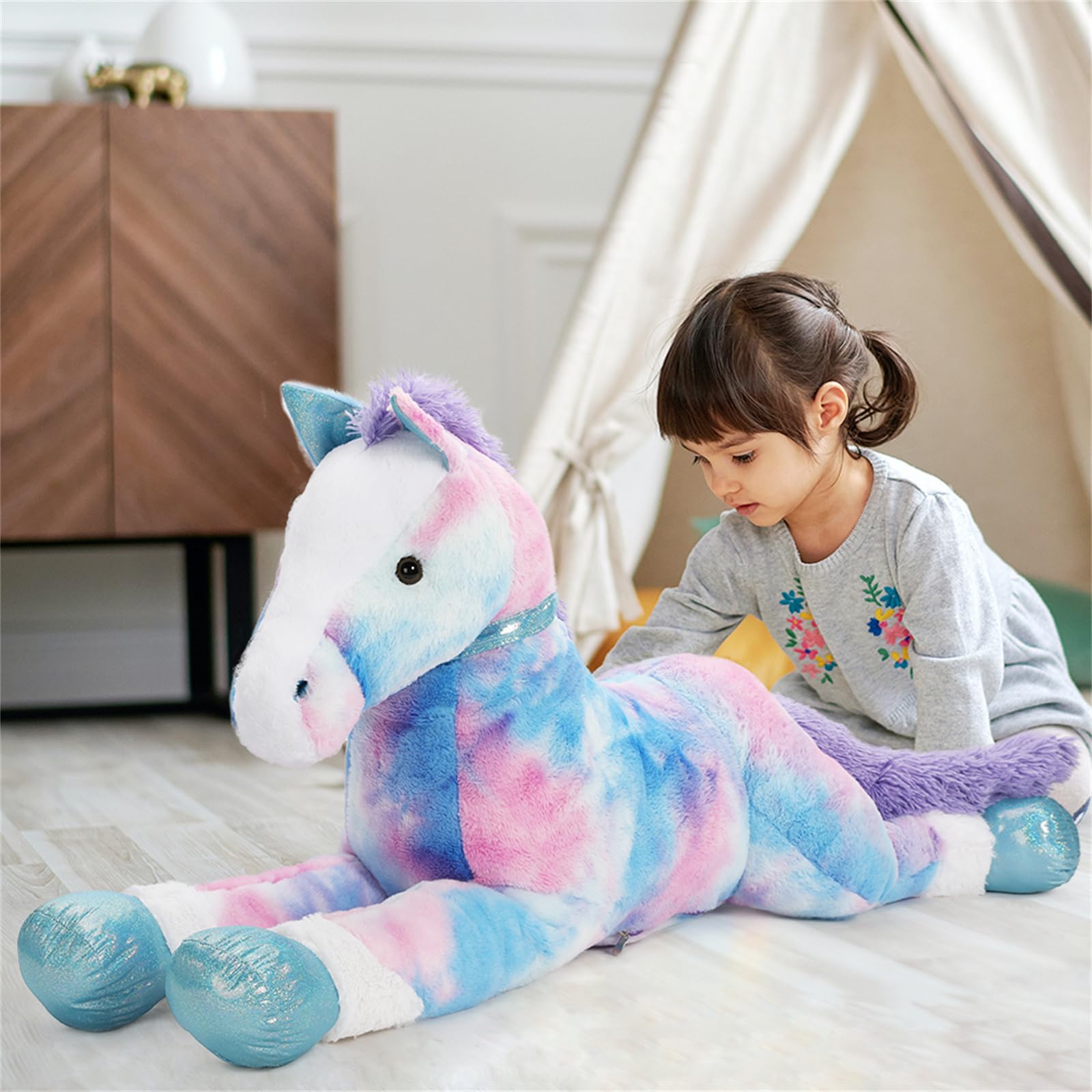 KERTA 4ft Giant Horse Stuffed Animals, 47inches Lifesize Stuffed Pony Plush Blue Horse Pillow Toy Gift for Adult Kids 7