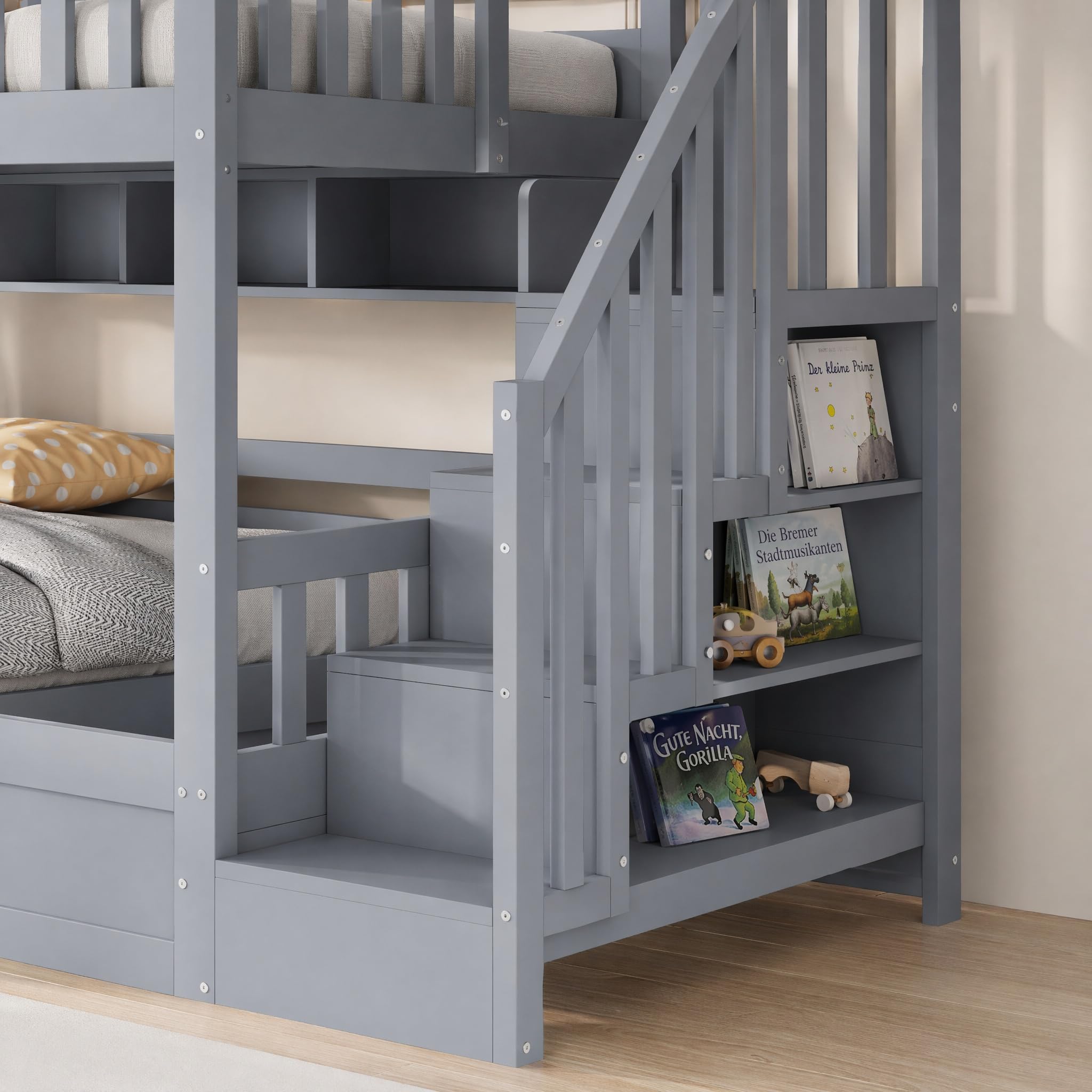 Su & Chan Legence Etagenbett 90x200cm mit hydraulischem Unterbett, Kinderbett mit Stauraumtreppe und Regalen, Holzbett mit Rausfallschutz für 2 Kinder, Grau