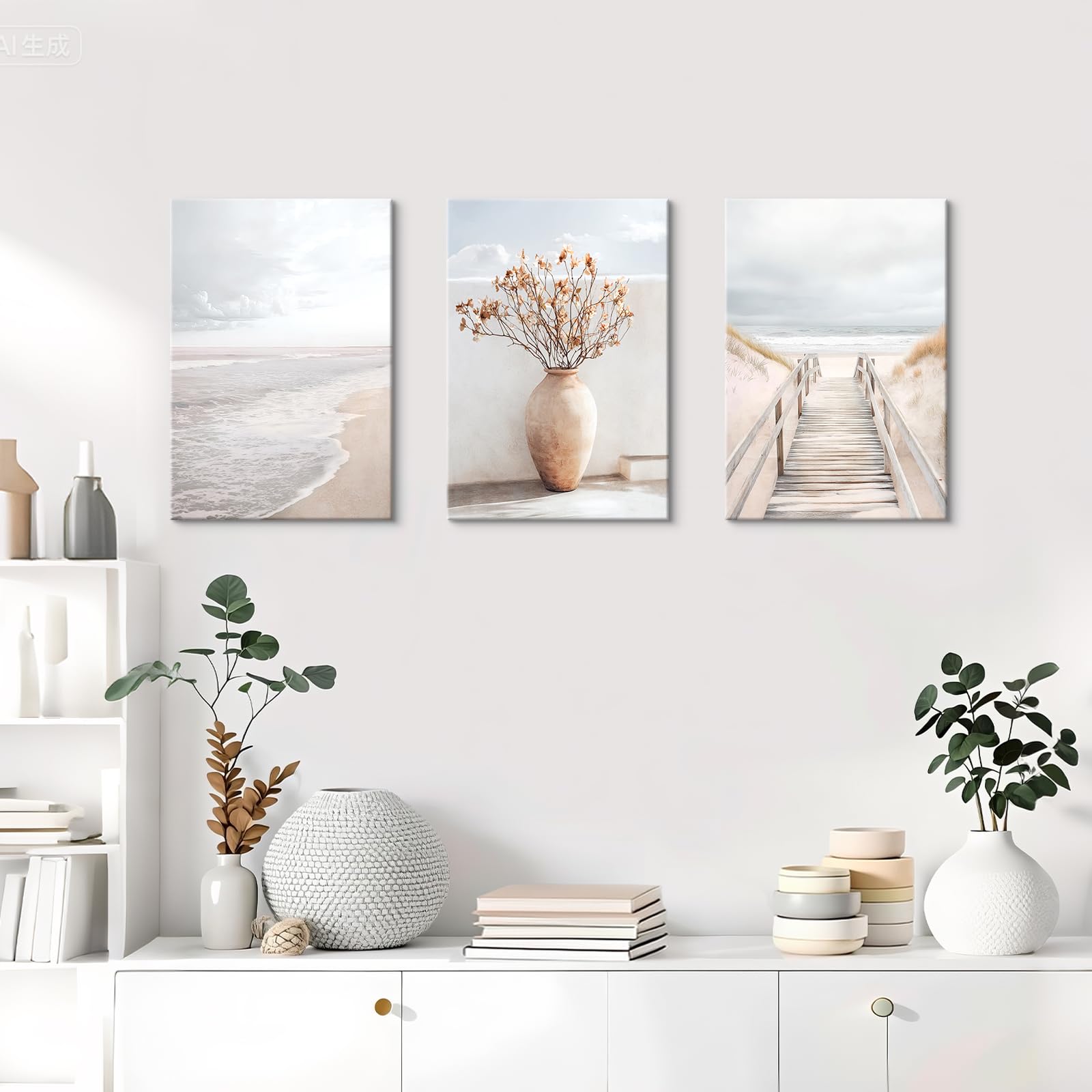 3 Pcs Wooden Framed Canvas Wall Art Path to the Sea Beach Canvas Prints Boho Beige Seascape Painting Ocean Coastal Scenery Pictures for Living Room Bedroom Bathroom Hallway Wall Decor 40x60 cm x3pcs - Image 2